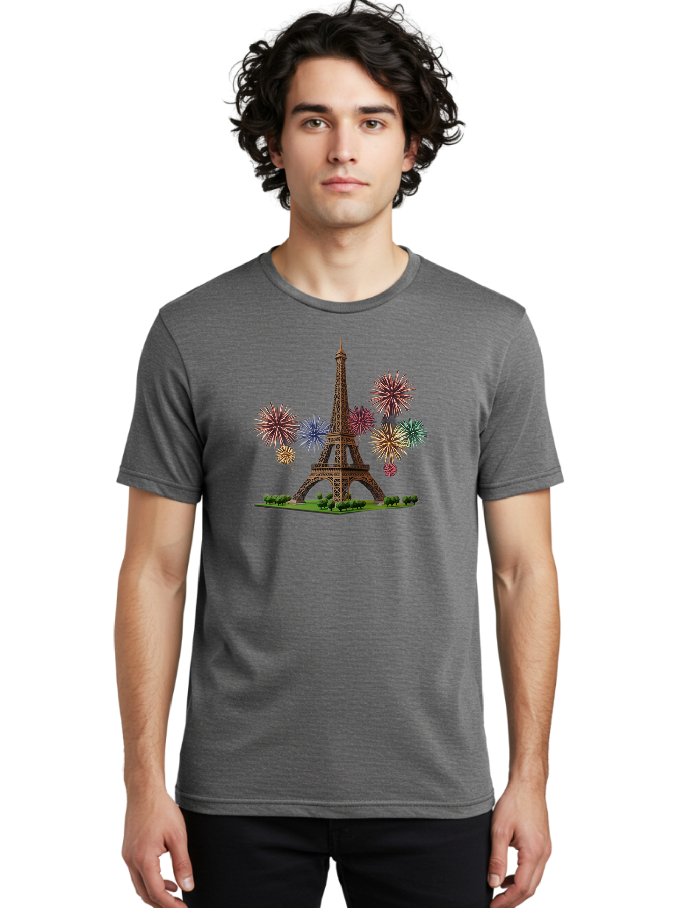 Eiffel-Tower-3 Men'S Graphic Tee, 100% Cotton, Comfortable Casual Summer Wear, Machine Washable, Eiffel Tower With Fireworks, French Landmark, Festive Atmosphere, Vibrant Colors, Celebration, Parisian Scenery, Iron Latticework Bad070