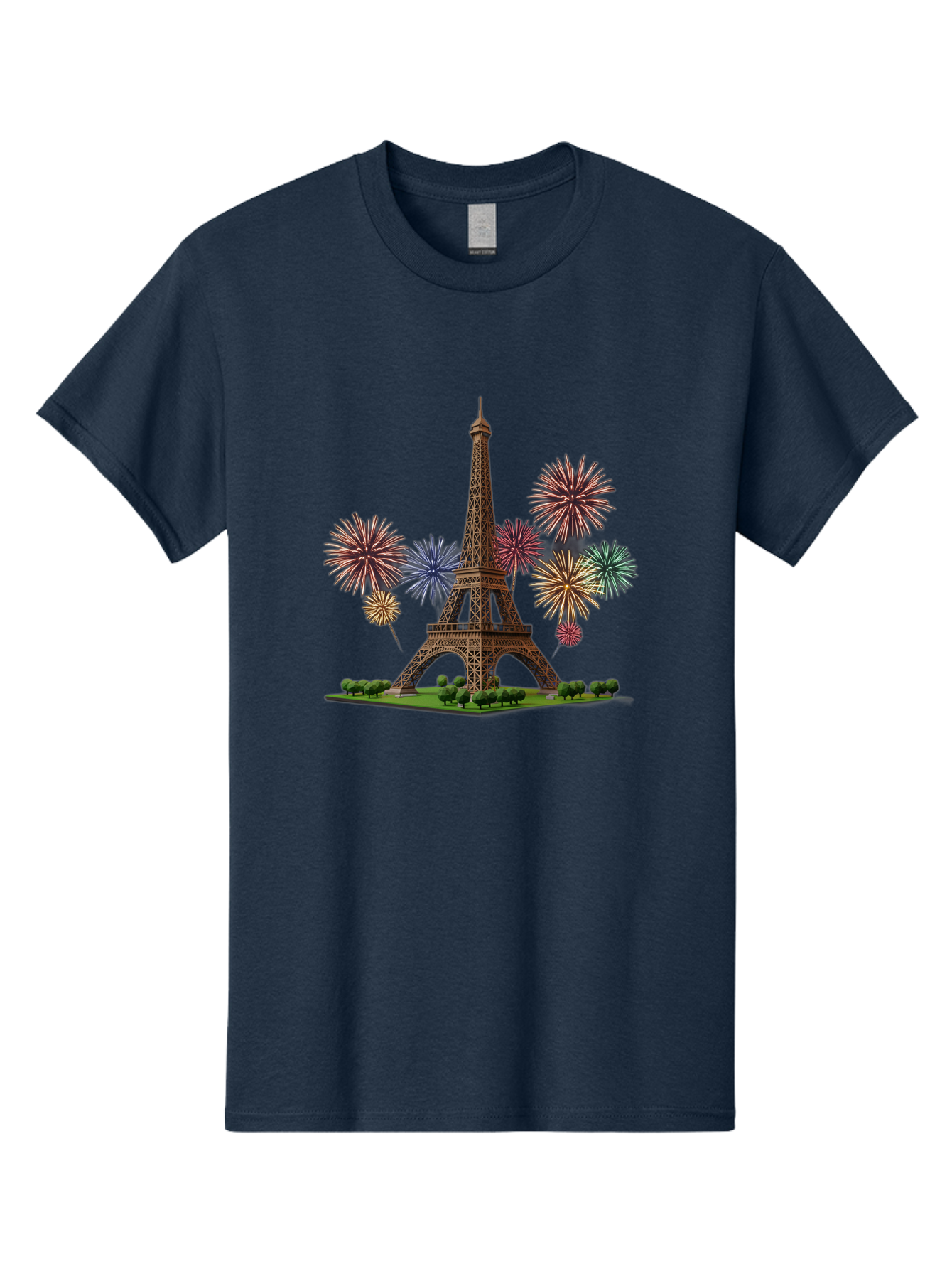 Eiffel-Tower-3 Men'S Graphic Tee, 100% Cotton, Comfortable Casual Summer Wear, Machine Washable, Eiffel Tower With Fireworks, French Landmark, Festive Atmosphere, Vibrant Colors, Celebration, Parisian Scenery, Iron Latticework Bad070