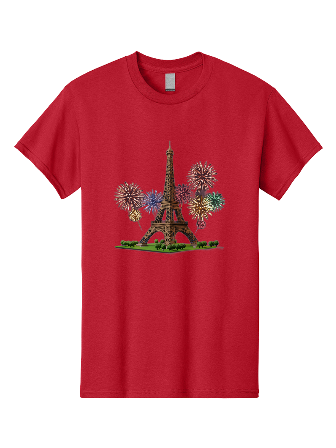 Eiffel-Tower-3 Men'S Graphic Tee, 100% Cotton, Comfortable Casual Summer Wear, Machine Washable, Eiffel Tower With Fireworks, French Landmark, Festive Atmosphere, Vibrant Colors, Celebration, Parisian Scenery, Iron Latticework Bad070