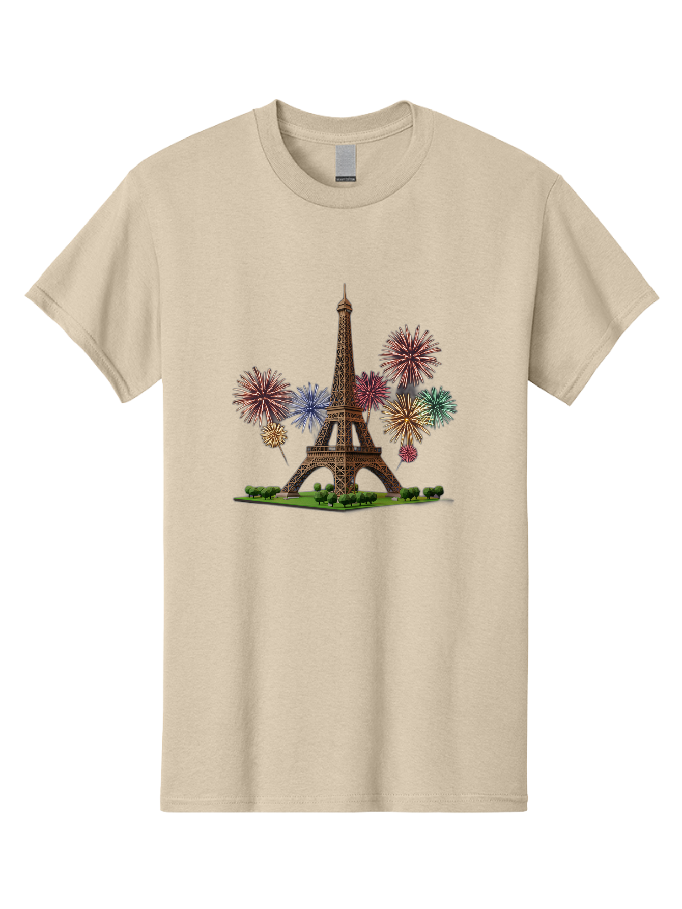 Eiffel-Tower-3 Men'S Graphic Tee, 100% Cotton, Comfortable Casual Summer Wear, Machine Washable, Eiffel Tower With Fireworks, French Landmark, Festive Atmosphere, Vibrant Colors, Celebration, Parisian Scenery, Iron Latticework Bad070