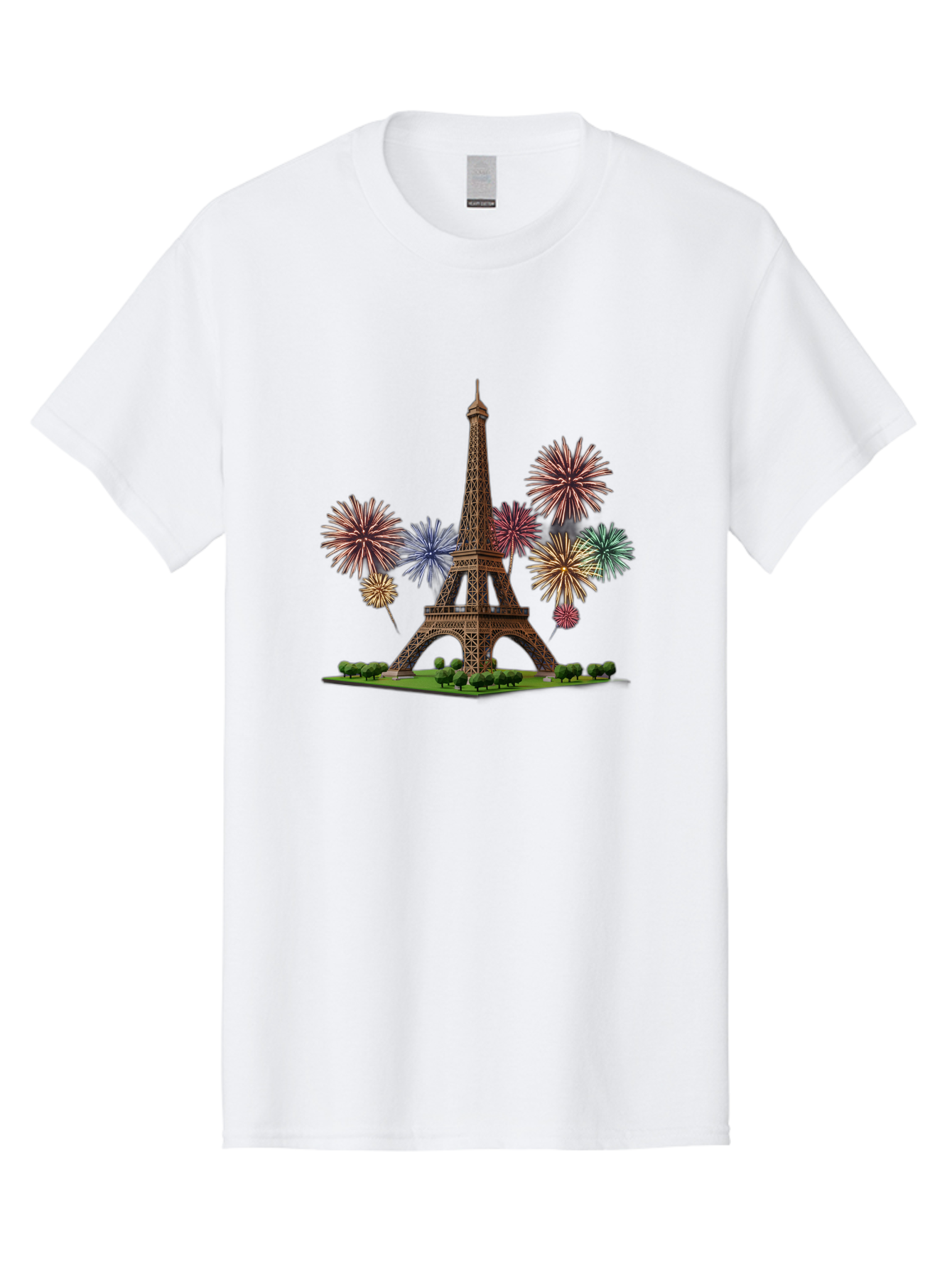Eiffel-Tower-3 Men'S Graphic Tee, 100% Cotton, Comfortable Casual Summer Wear, Machine Washable, Eiffel Tower With Fireworks, French Landmark, Festive Atmosphere, Vibrant Colors, Celebration, Parisian Scenery, Iron Latticework Bad070