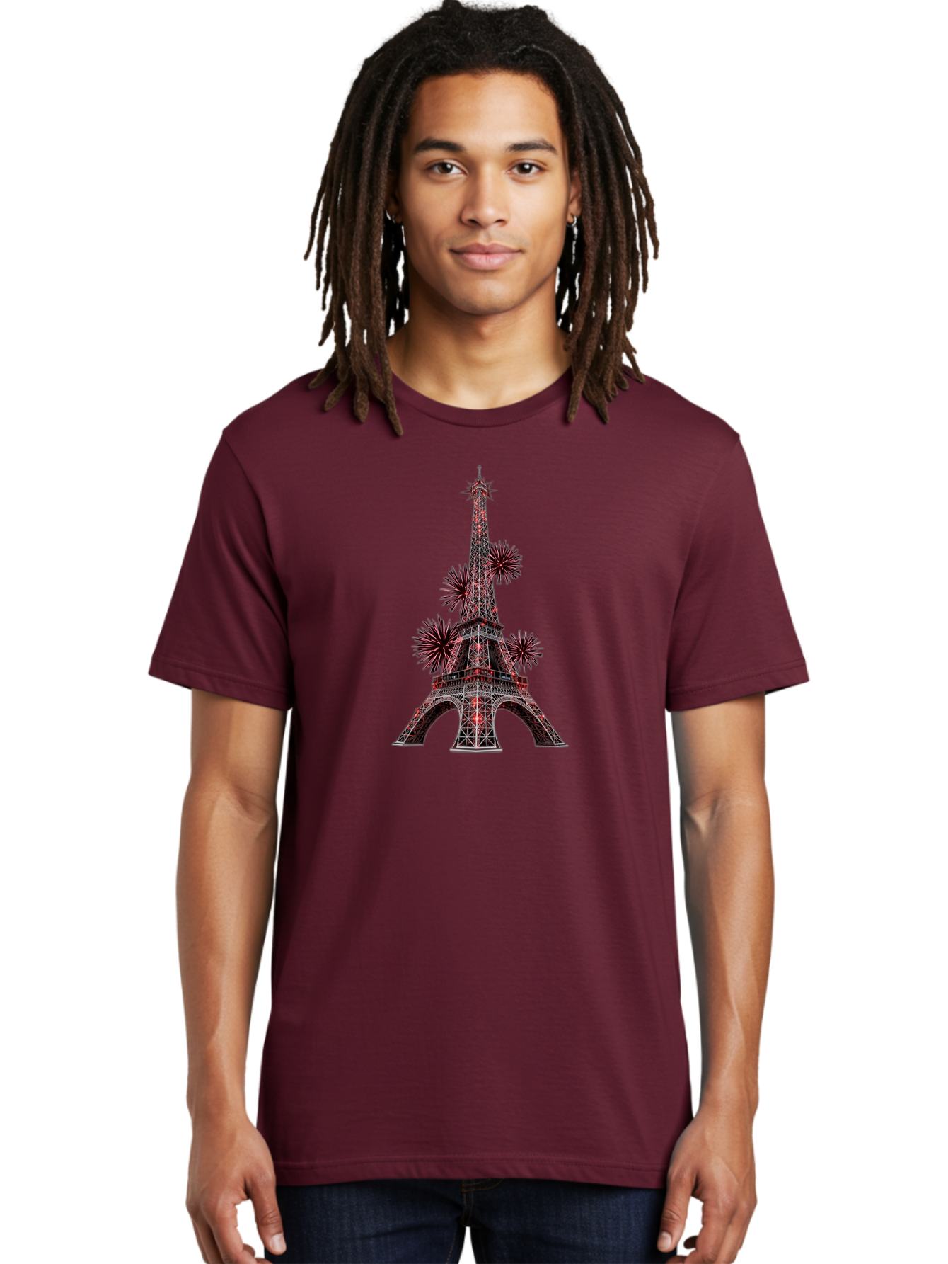 Eiffel-Tower-4 Men'S Graphic Tee, 100% Cotton, Comfortable Casual Summer Wear, Machine Washable, Eiffel Tower With Firework Explosions Around It, Paris Landmark, Famous Monument, Fireworks Display, Celebration, Festive Atmosphere, Bad071