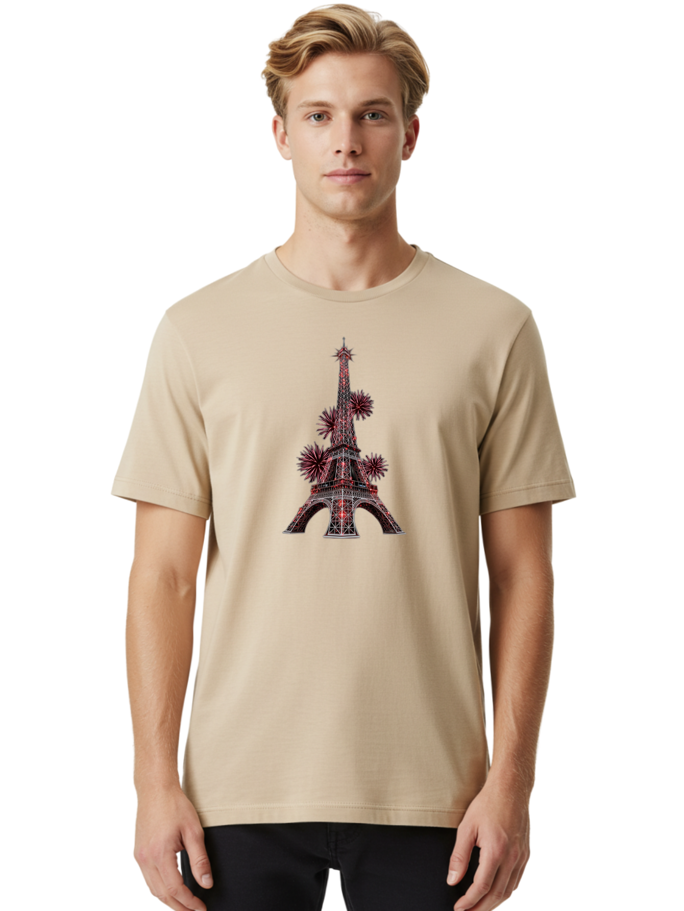 Eiffel-Tower-4 Men'S Graphic Tee, 100% Cotton, Comfortable Casual Summer Wear, Machine Washable, Eiffel Tower With Firework Explosions Around It, Paris Landmark, Famous Monument, Fireworks Display, Celebration, Festive Atmosphere, Bad071