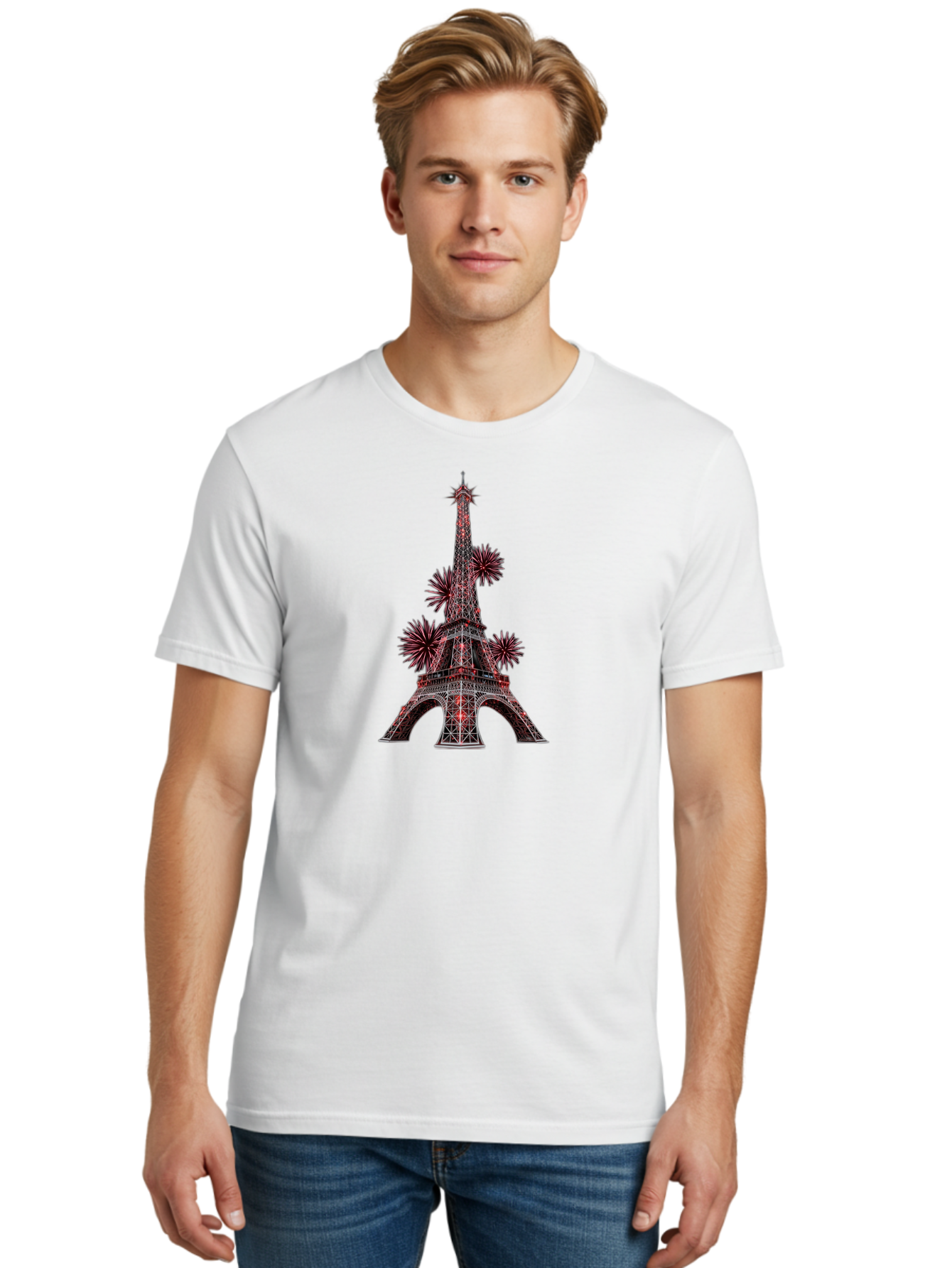 Eiffel-Tower-4 Men'S Graphic Tee, 100% Cotton, Comfortable Casual Summer Wear, Machine Washable, Eiffel Tower With Firework Explosions Around It, Paris Landmark, Famous Monument, Fireworks Display, Celebration, Festive Atmosphere, Bad071
