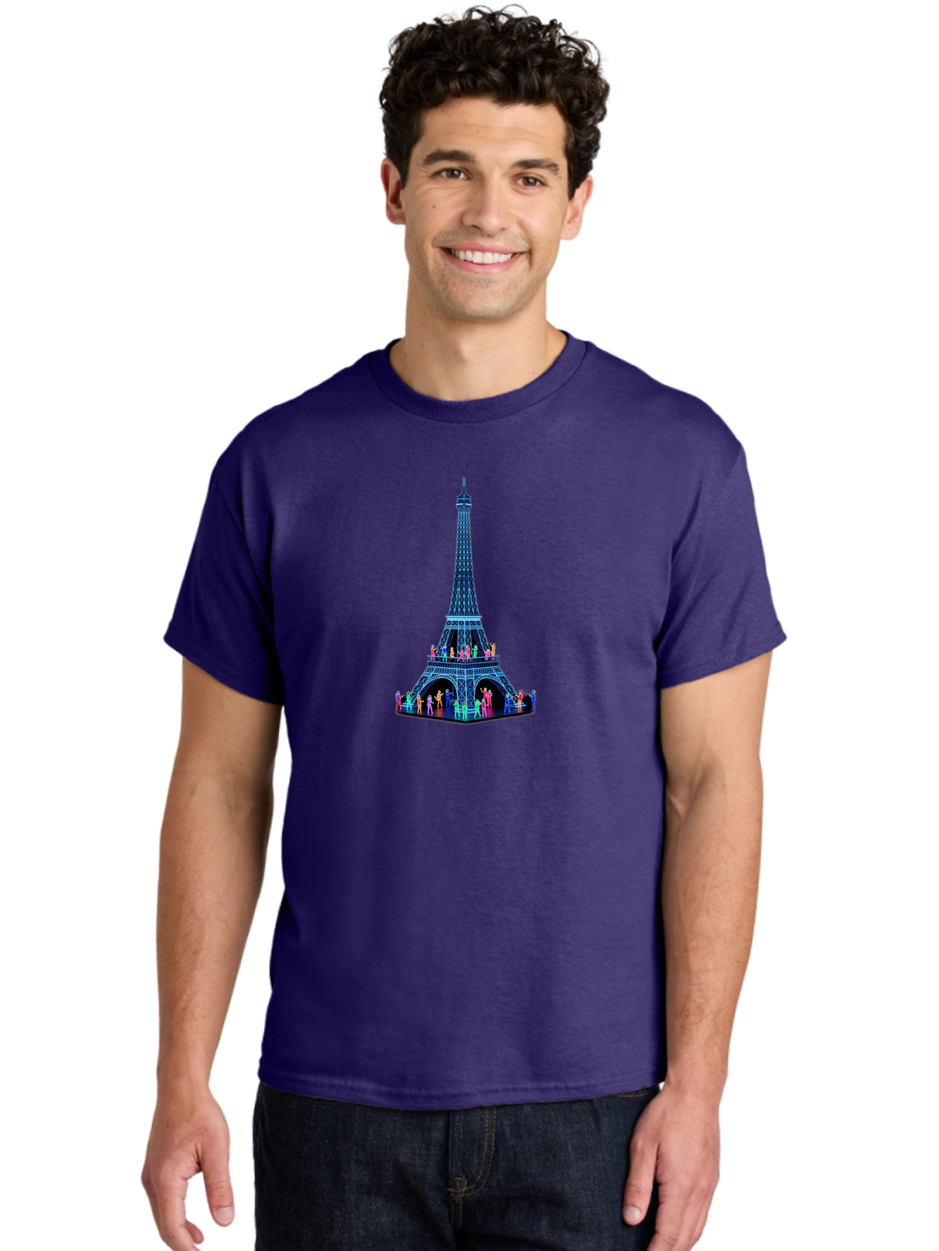 Eiffel-Tower-5 Men'S Graphic Tee, 100% Cotton, Comfortable Casual Summer Wear, Machine Washable, Eiffel Tower Landmark, Paris Tourism, Iron Lattice Structure, Tourist Attraction, Famous Monument, Vibrant Colors, People Visiting, Cultural Icon, Bad072
