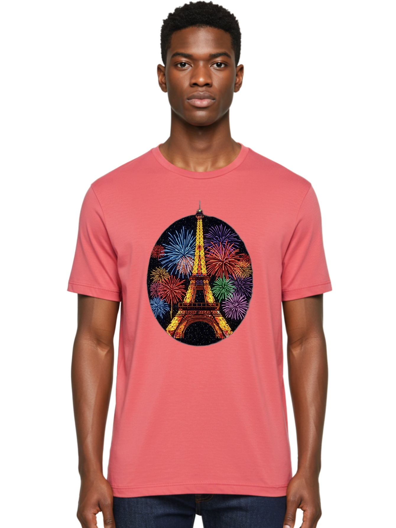 Eiffel-Tower-6 Men'S Graphic Tee, 100% Cotton, Comfortable Casual Summer Wear, Machine Washable, Eiffel Tower At Night, Fireworks Display, Festive Atmosphere, Parisian Landmark, Celebratory Scene, Colorful Explosion, Romantic Getaway, Bad073