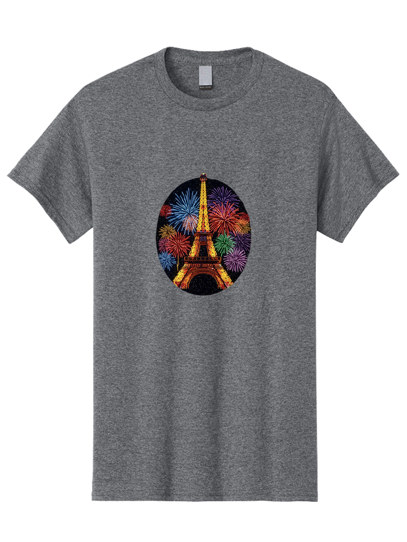 Eiffel-Tower-6 Men'S Graphic Tee, 100% Cotton, Comfortable Casual Summer Wear, Machine Washable, Eiffel Tower At Night, Fireworks Display, Festive Atmosphere, Parisian Landmark, Celebratory Scene, Colorful Explosion, Romantic Getaway, Bad073