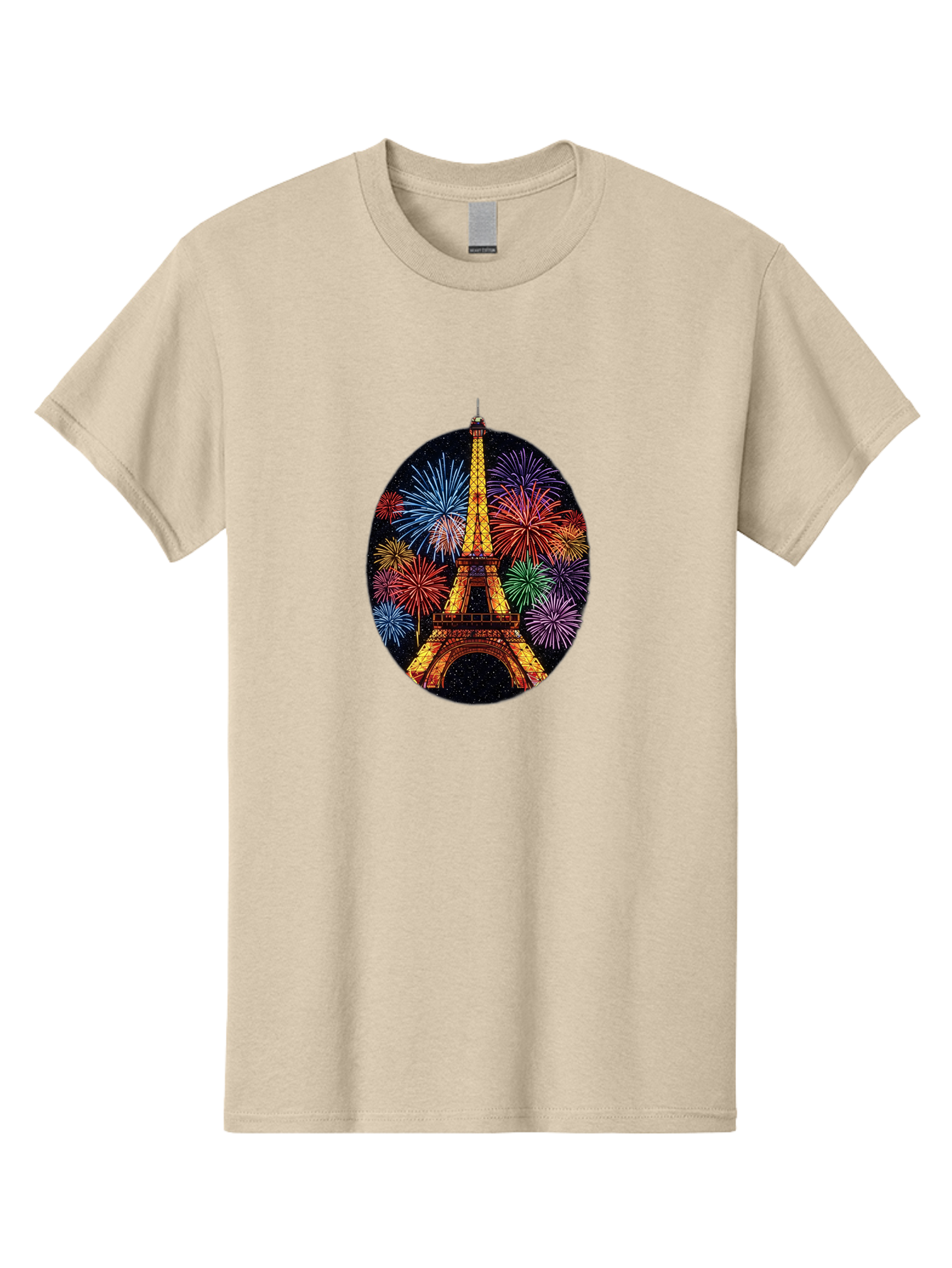 Eiffel-Tower-6 Men'S Graphic Tee, 100% Cotton, Comfortable Casual Summer Wear, Machine Washable, Eiffel Tower At Night, Fireworks Display, Festive Atmosphere, Parisian Landmark, Celebratory Scene, Colorful Explosion, Romantic Getaway, Bad073
