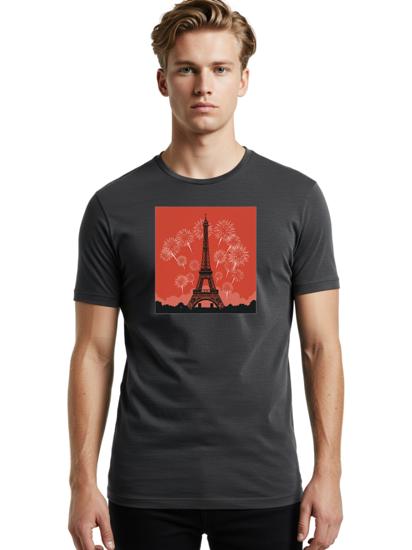 Eiffel-Tower-Fireworks Men'S Graphic Tee, 100% Cotton, Comfortable Casual Summer Wear, Machine Washable, Eiffel Tower, Fireworks Display, Celebration, Festive Atmosphere, Paris Landmarks, French Culture, Fireworks Explosion, Romantic Getaway, Bad075