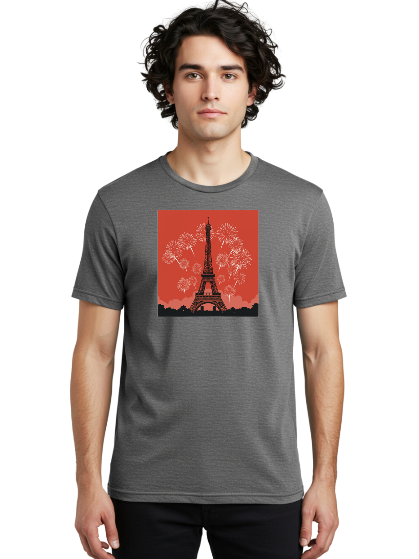 Eiffel-Tower-Fireworks Men'S Graphic Tee, 100% Cotton, Comfortable Casual Summer Wear, Machine Washable, Eiffel Tower, Fireworks Display, Celebration, Festive Atmosphere, Paris Landmarks, French Culture, Fireworks Explosion, Romantic Getaway, Bad075