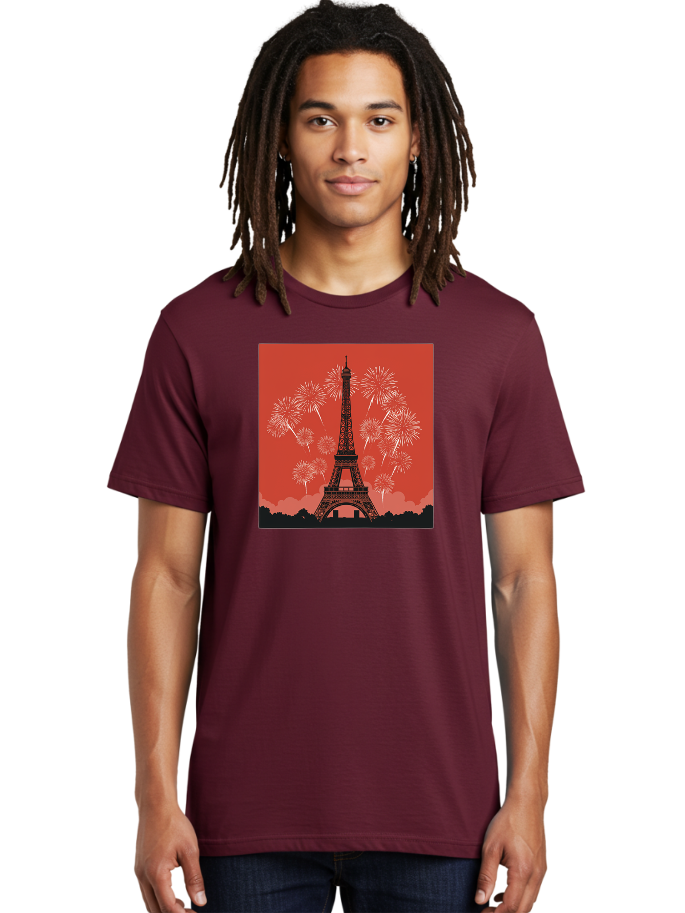 Eiffel-Tower-Fireworks Men'S Graphic Tee, 100% Cotton, Comfortable Casual Summer Wear, Machine Washable, Eiffel Tower, Fireworks Display, Celebration, Festive Atmosphere, Paris Landmarks, French Culture, Fireworks Explosion, Romantic Getaway, Bad075