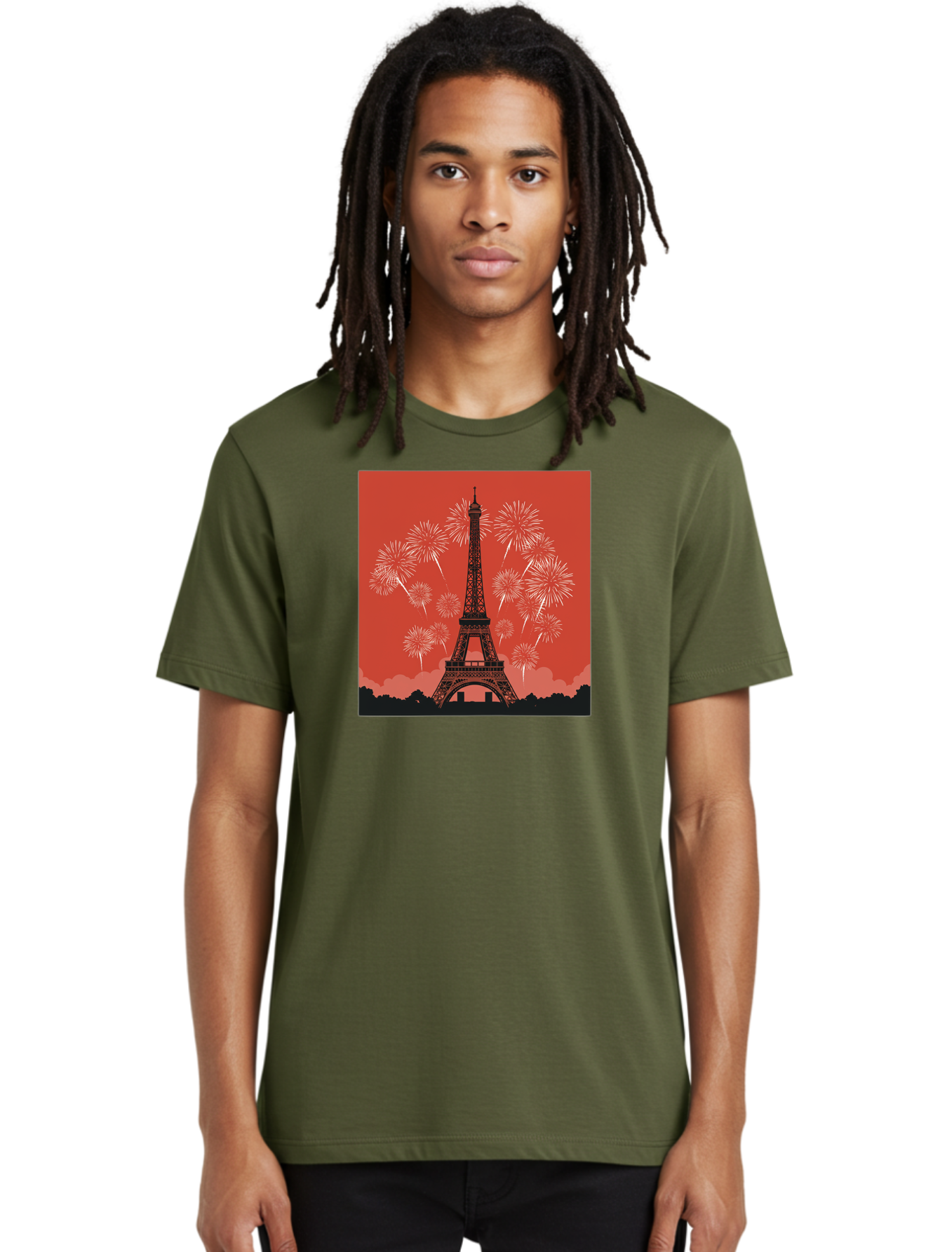 Eiffel-Tower-Fireworks Men'S Graphic Tee, 100% Cotton, Comfortable Casual Summer Wear, Machine Washable, Eiffel Tower, Fireworks Display, Celebration, Festive Atmosphere, Paris Landmarks, French Culture, Fireworks Explosion, Romantic Getaway, Bad075