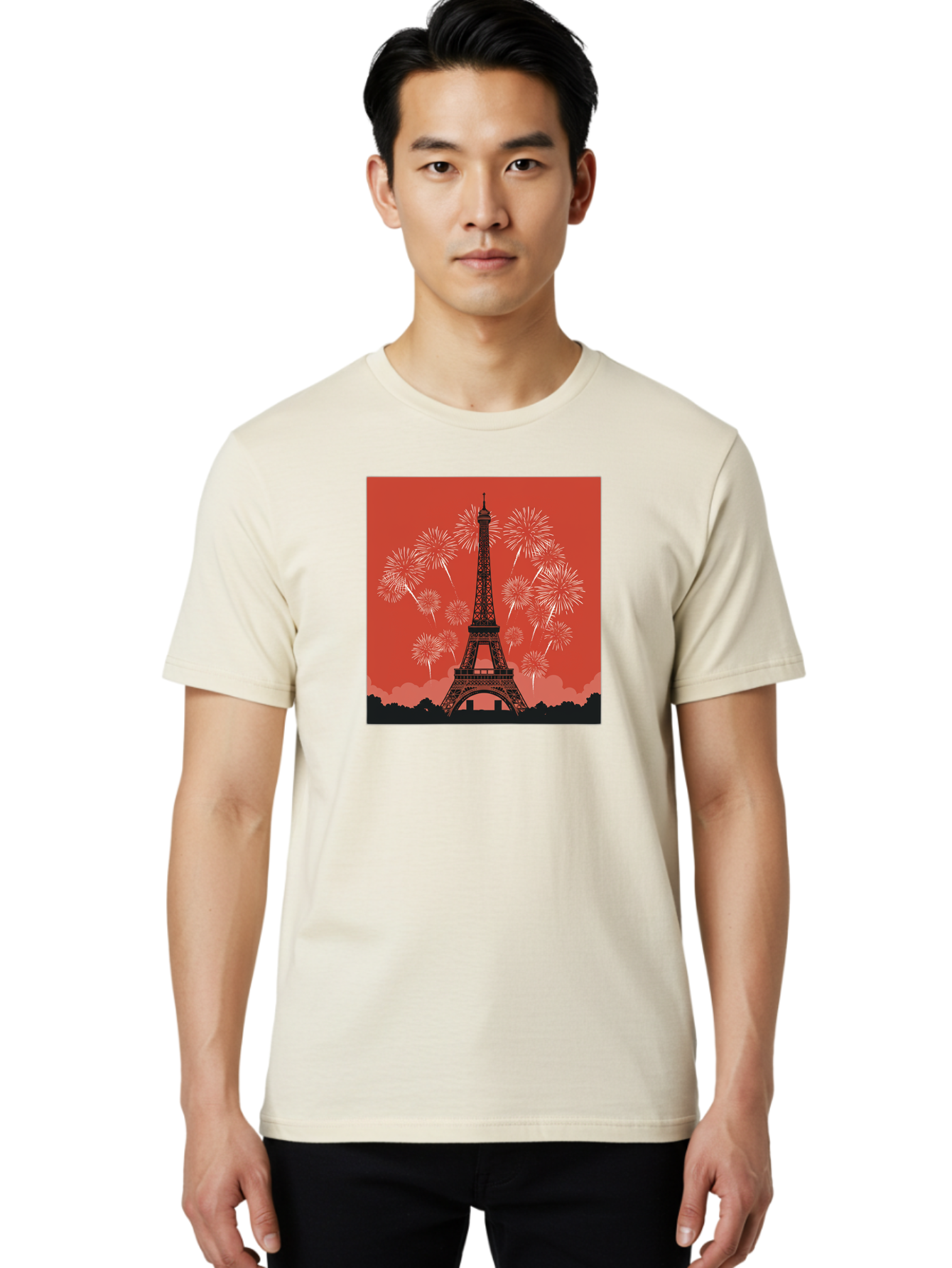Eiffel-Tower-Fireworks Men'S Graphic Tee, 100% Cotton, Comfortable Casual Summer Wear, Machine Washable, Eiffel Tower, Fireworks Display, Celebration, Festive Atmosphere, Paris Landmarks, French Culture, Fireworks Explosion, Romantic Getaway, Bad075