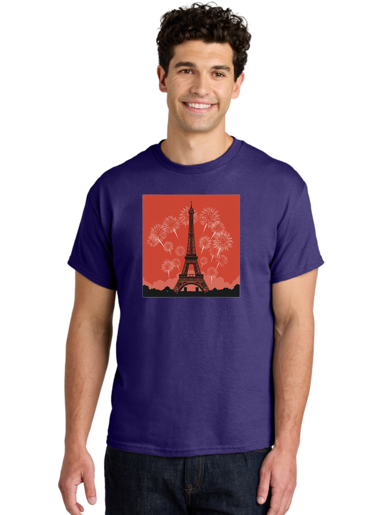 Eiffel-Tower-Fireworks Men'S Graphic Tee, 100% Cotton, Comfortable Casual Summer Wear, Machine Washable, Eiffel Tower, Fireworks Display, Celebration, Festive Atmosphere, Paris Landmarks, French Culture, Fireworks Explosion, Romantic Getaway, Bad075
