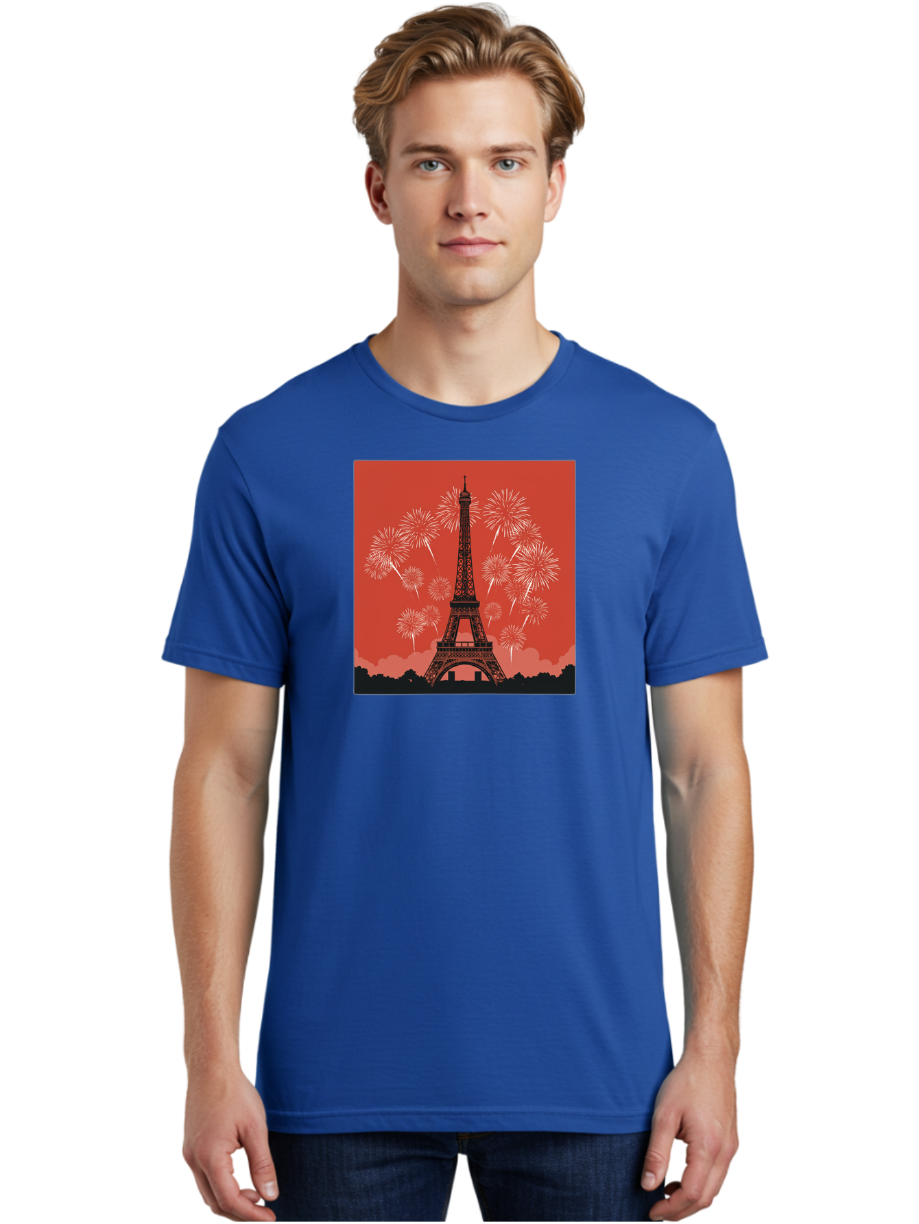 Eiffel-Tower-Fireworks Men'S Graphic Tee, 100% Cotton, Comfortable Casual Summer Wear, Machine Washable, Eiffel Tower, Fireworks Display, Celebration, Festive Atmosphere, Paris Landmarks, French Culture, Fireworks Explosion, Romantic Getaway, Bad075