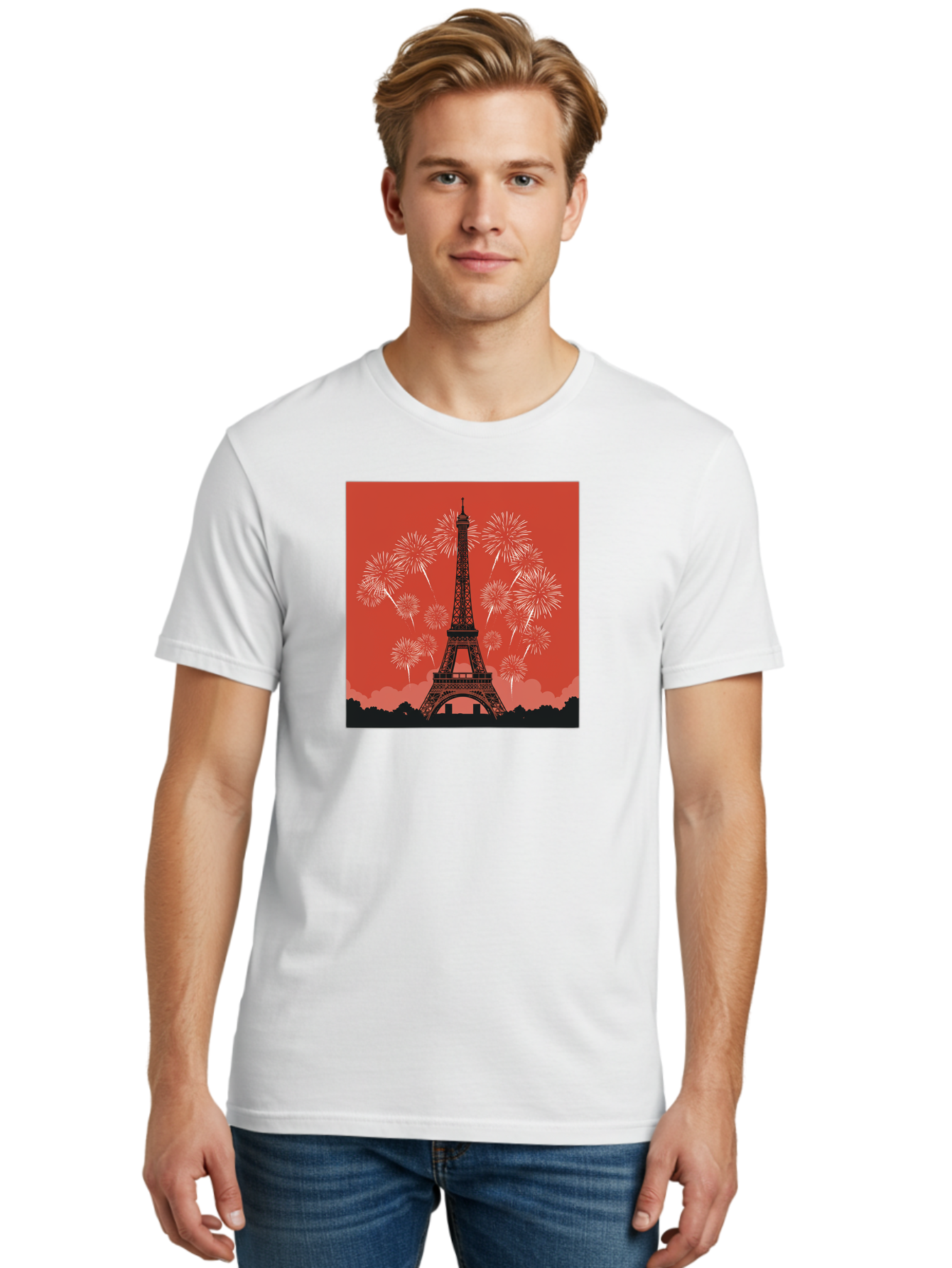 Eiffel-Tower-Fireworks Men'S Graphic Tee, 100% Cotton, Comfortable Casual Summer Wear, Machine Washable, Eiffel Tower, Fireworks Display, Celebration, Festive Atmosphere, Paris Landmarks, French Culture, Fireworks Explosion, Romantic Getaway, Bad075
