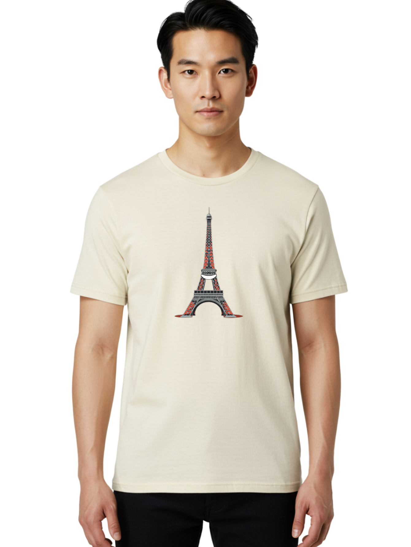 Eiffel-Tower Men'S Graphic Tee, 100% Cotton, Comfortable Casual Summer Wear, Machine Washable, Iconic Landmark, Parisian Architecture, French Culture, Iron Latticework, Red And Black Design, Tourist Attraction, Cityscape, Famous Monument, Bad076