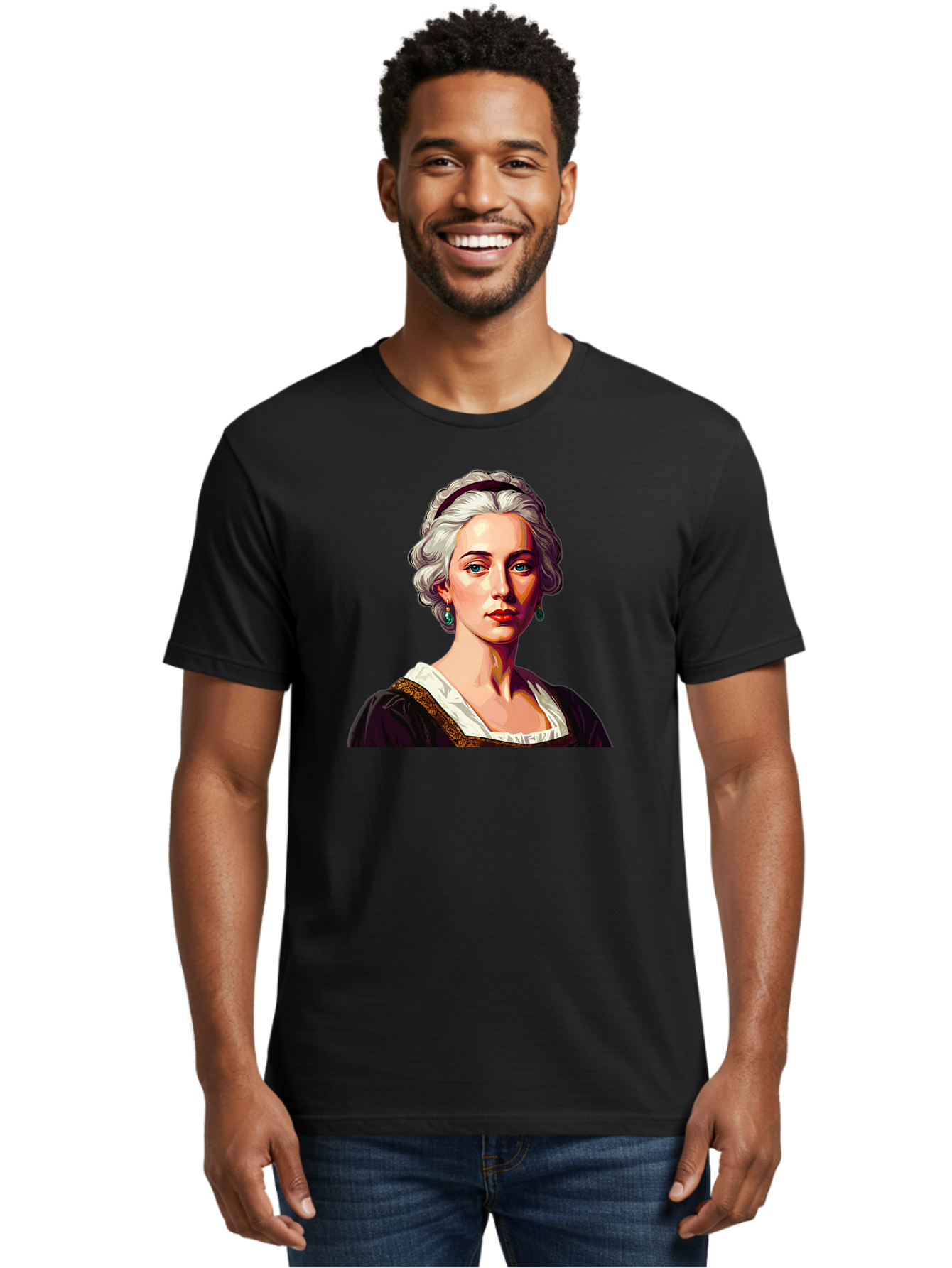Elizabeth-Cady-Stanton Men'S Graphic Tee, 100% Cotton, Comfortable Casual Summer Wear, Machine Washable, Woman With White Hair, Blue Eyes, Red Lips, Elegant Earrings, Vintage Clothing, Gold Trim, Historical Figure, Feminine Style, Bad077