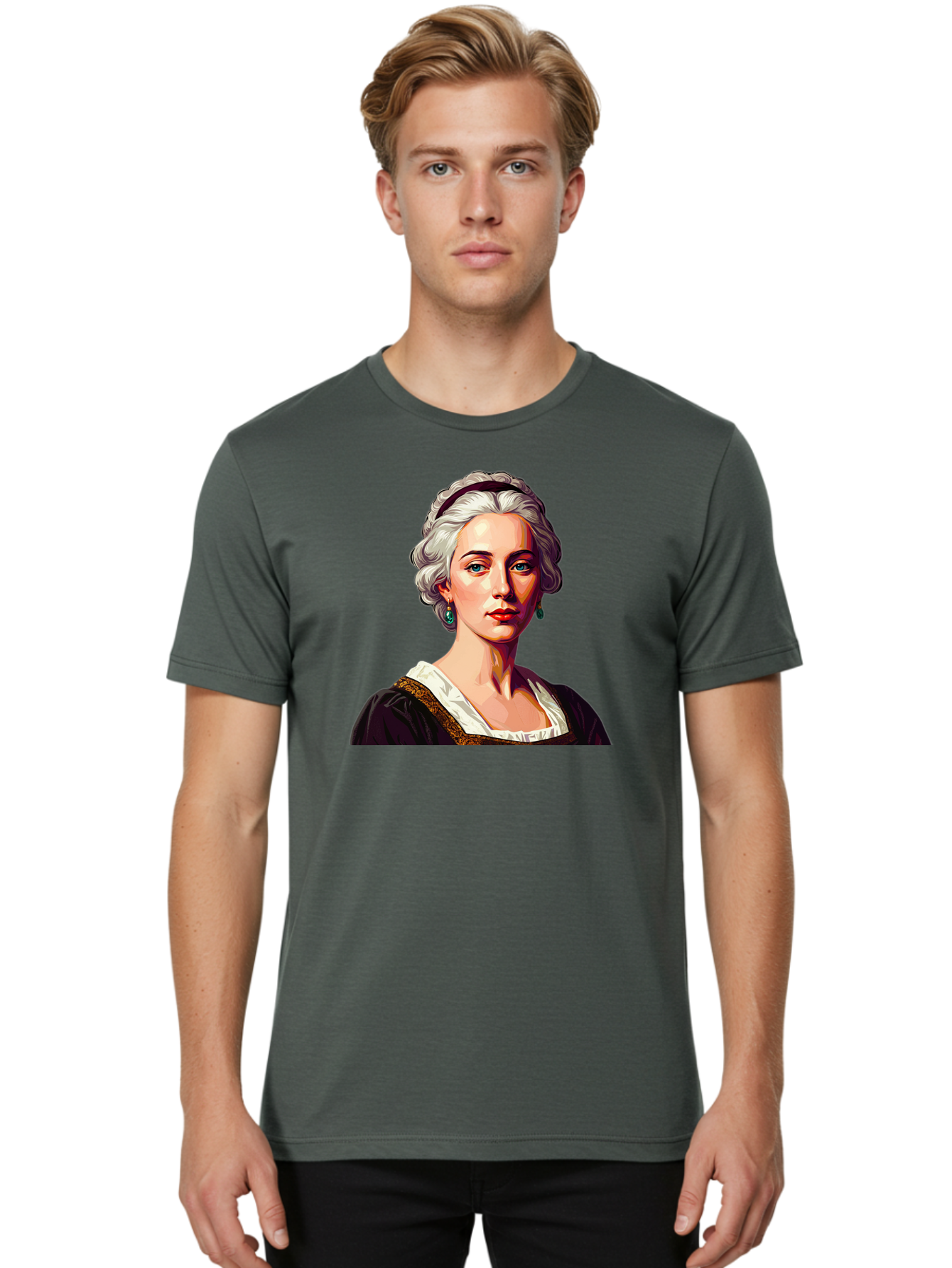 Elizabeth-Cady-Stanton Men'S Graphic Tee, 100% Cotton, Comfortable Casual Summer Wear, Machine Washable, Woman With White Hair, Blue Eyes, Red Lips, Elegant Earrings, Vintage Clothing, Gold Trim, Historical Figure, Feminine Style, Bad077