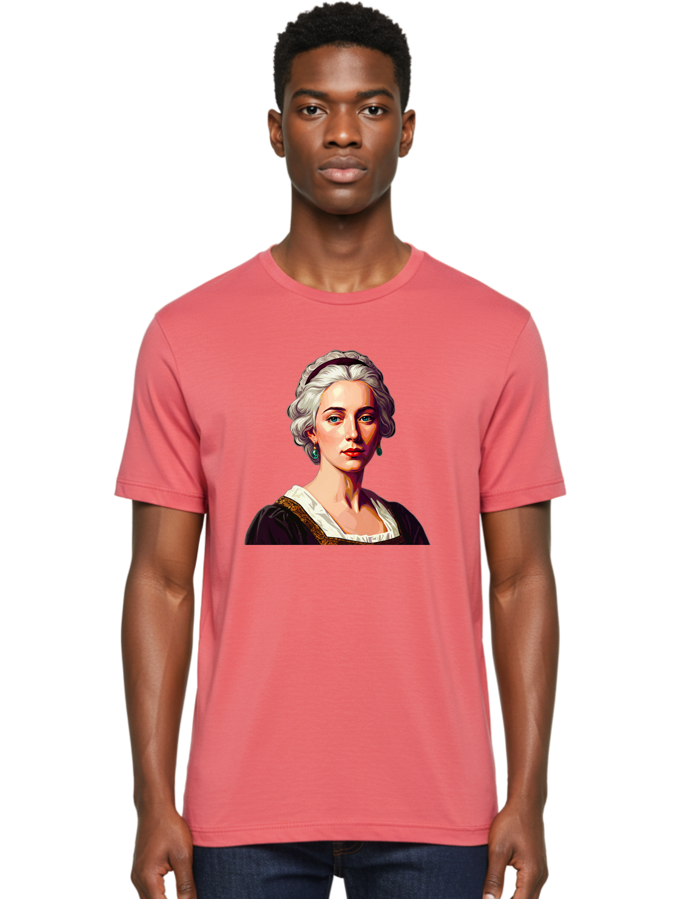 Elizabeth-Cady-Stanton Men'S Graphic Tee, 100% Cotton, Comfortable Casual Summer Wear, Machine Washable, Woman With White Hair, Blue Eyes, Red Lips, Elegant Earrings, Vintage Clothing, Gold Trim, Historical Figure, Feminine Style, Bad077