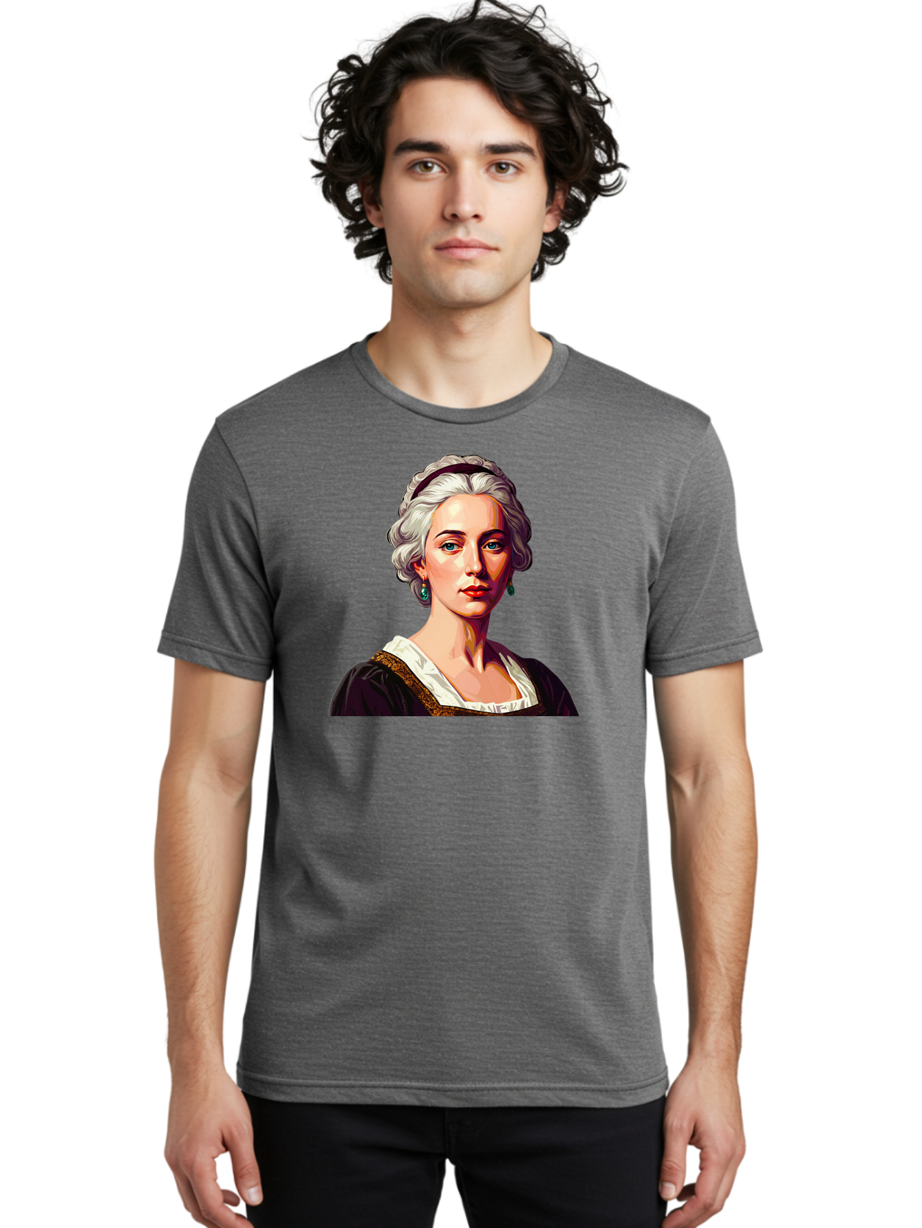 Elizabeth-Cady-Stanton Men'S Graphic Tee, 100% Cotton, Comfortable Casual Summer Wear, Machine Washable, Woman With White Hair, Blue Eyes, Red Lips, Elegant Earrings, Vintage Clothing, Gold Trim, Historical Figure, Feminine Style, Bad077