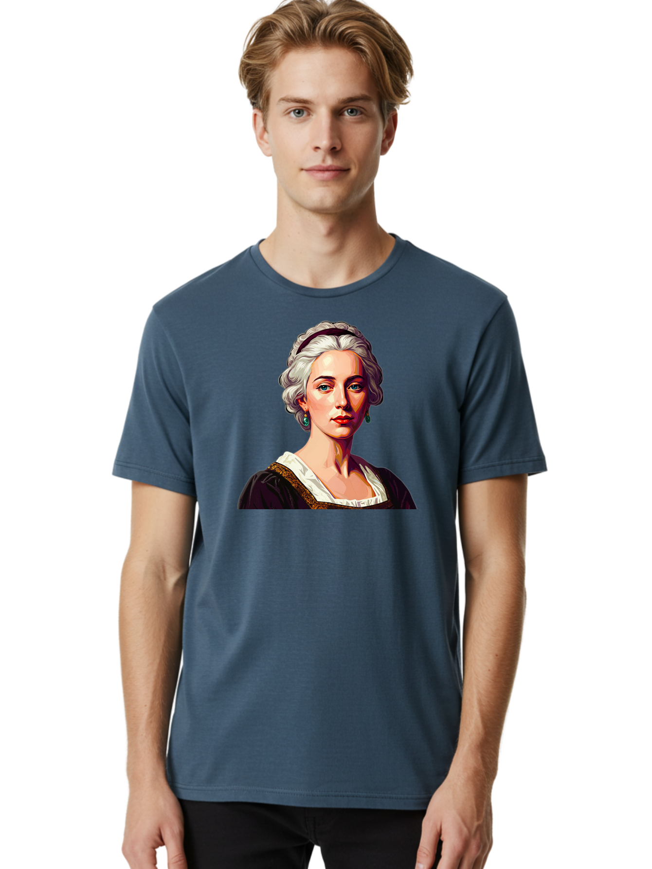Elizabeth-Cady-Stanton Men'S Graphic Tee, 100% Cotton, Comfortable Casual Summer Wear, Machine Washable, Woman With White Hair, Blue Eyes, Red Lips, Elegant Earrings, Vintage Clothing, Gold Trim, Historical Figure, Feminine Style, Bad077