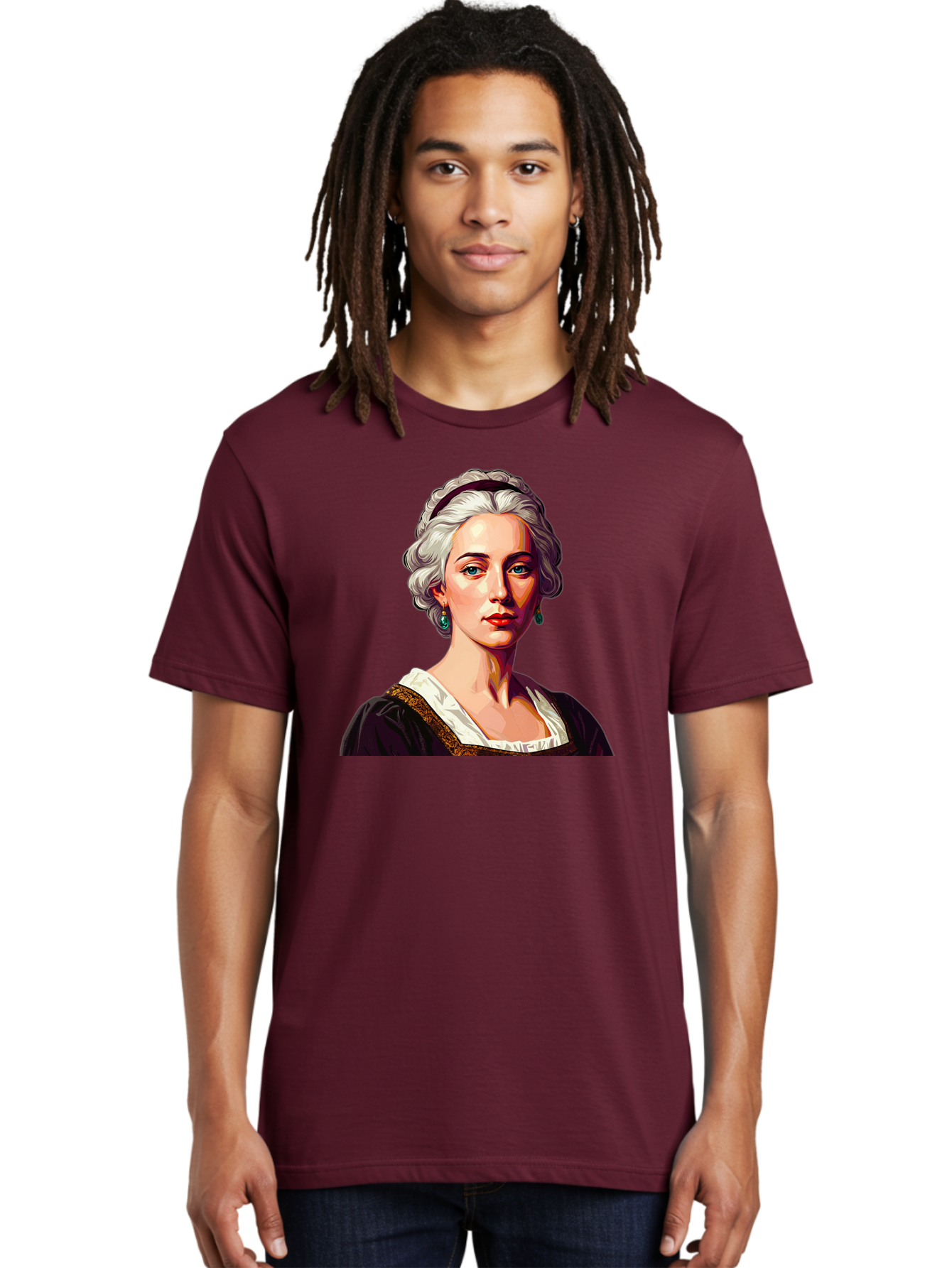 Elizabeth-Cady-Stanton Men'S Graphic Tee, 100% Cotton, Comfortable Casual Summer Wear, Machine Washable, Woman With White Hair, Blue Eyes, Red Lips, Elegant Earrings, Vintage Clothing, Gold Trim, Historical Figure, Feminine Style, Bad077