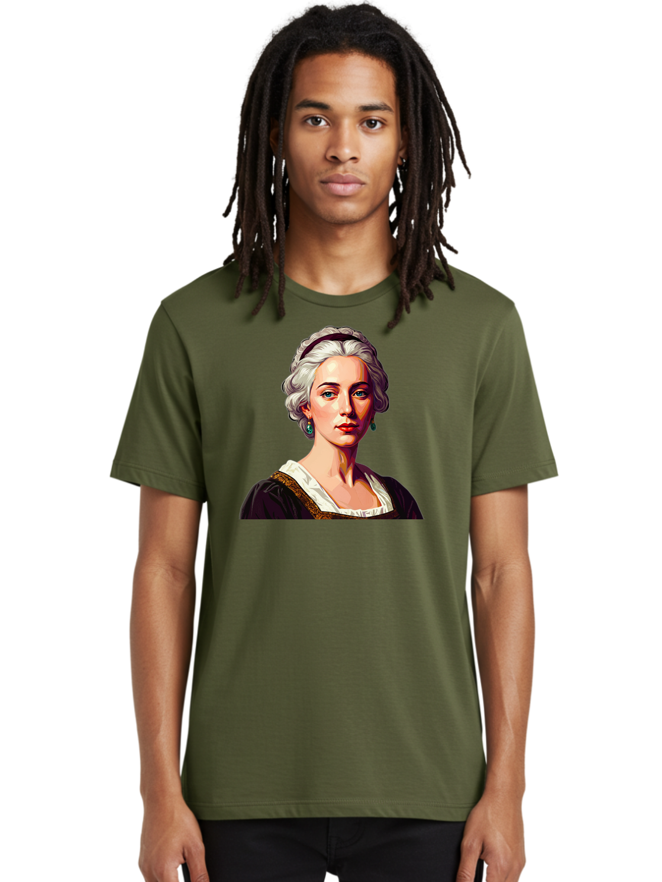 Elizabeth-Cady-Stanton Men'S Graphic Tee, 100% Cotton, Comfortable Casual Summer Wear, Machine Washable, Woman With White Hair, Blue Eyes, Red Lips, Elegant Earrings, Vintage Clothing, Gold Trim, Historical Figure, Feminine Style, Bad077