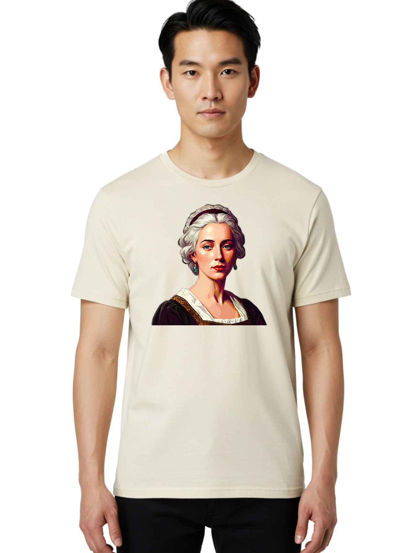 Elizabeth-Cady-Stanton Men'S Graphic Tee, 100% Cotton, Comfortable Casual Summer Wear, Machine Washable, Woman With White Hair, Blue Eyes, Red Lips, Elegant Earrings, Vintage Clothing, Gold Trim, Historical Figure, Feminine Style, Bad077
