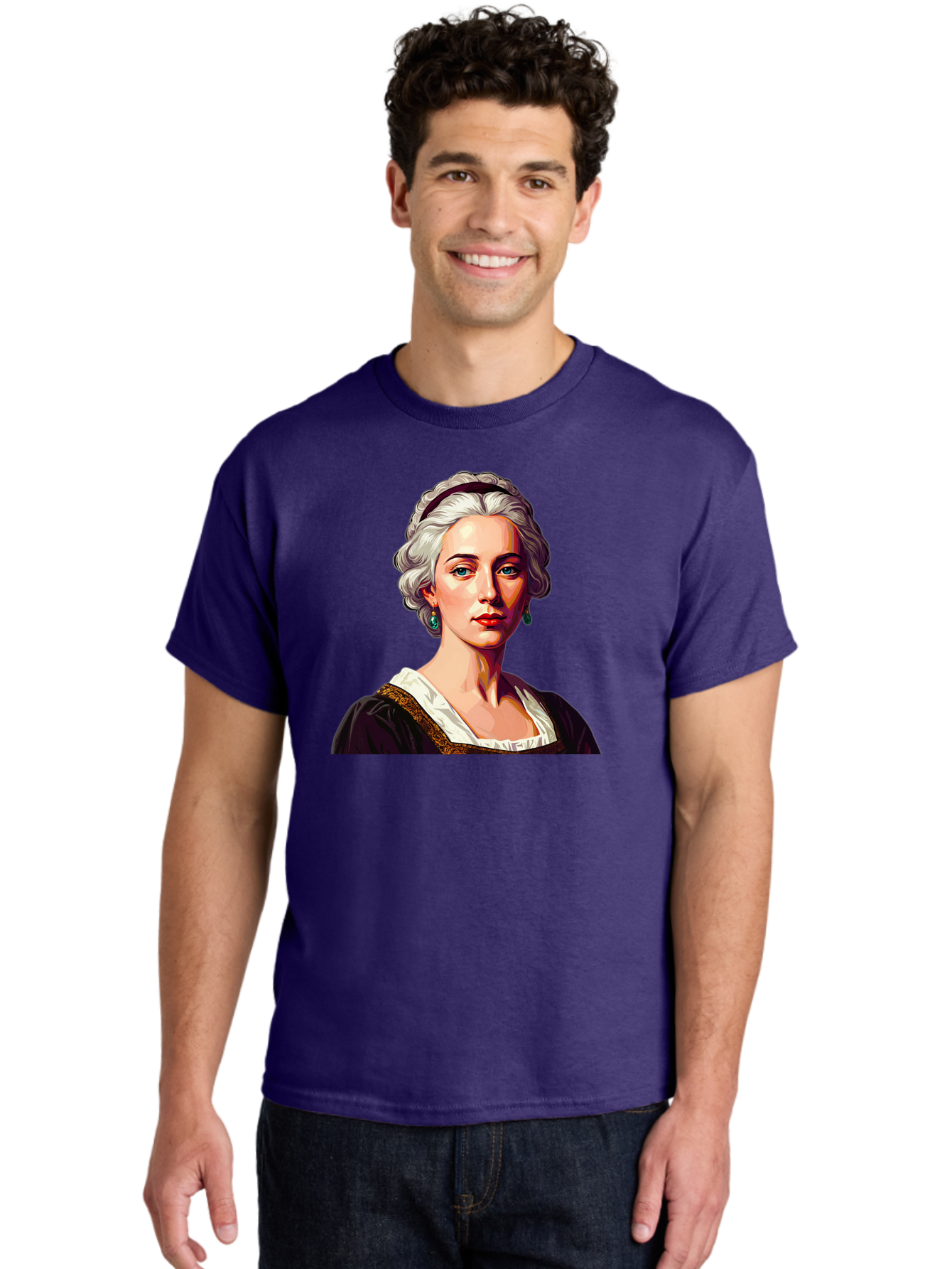 Elizabeth-Cady-Stanton Men'S Graphic Tee, 100% Cotton, Comfortable Casual Summer Wear, Machine Washable, Woman With White Hair, Blue Eyes, Red Lips, Elegant Earrings, Vintage Clothing, Gold Trim, Historical Figure, Feminine Style, Bad077