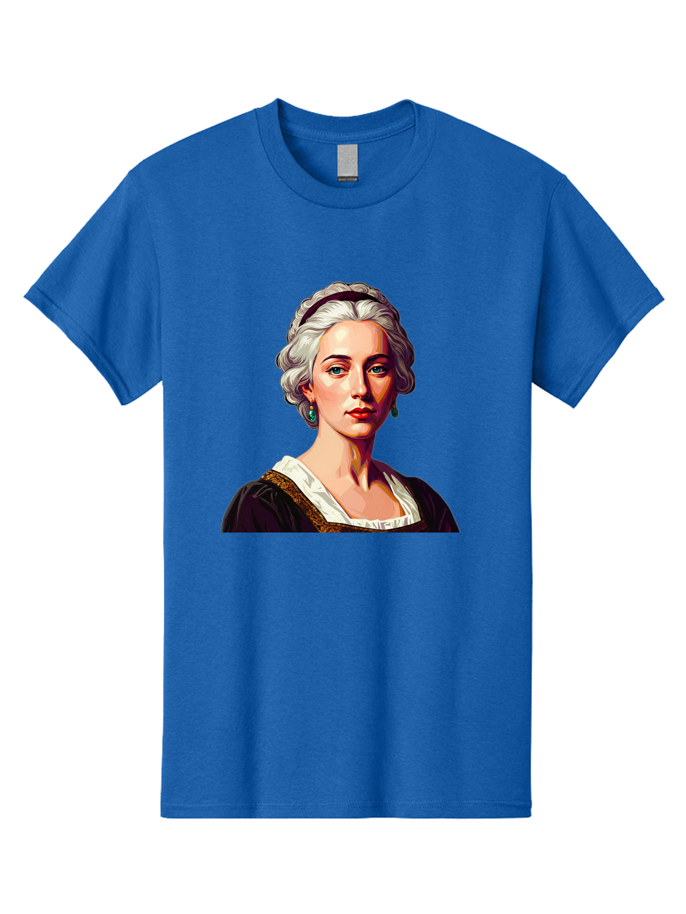 Elizabeth-Cady-Stanton Men'S Graphic Tee, 100% Cotton, Comfortable Casual Summer Wear, Machine Washable, Woman With White Hair, Blue Eyes, Red Lips, Elegant Earrings, Vintage Clothing, Gold Trim, Historical Figure, Feminine Style, Bad077
