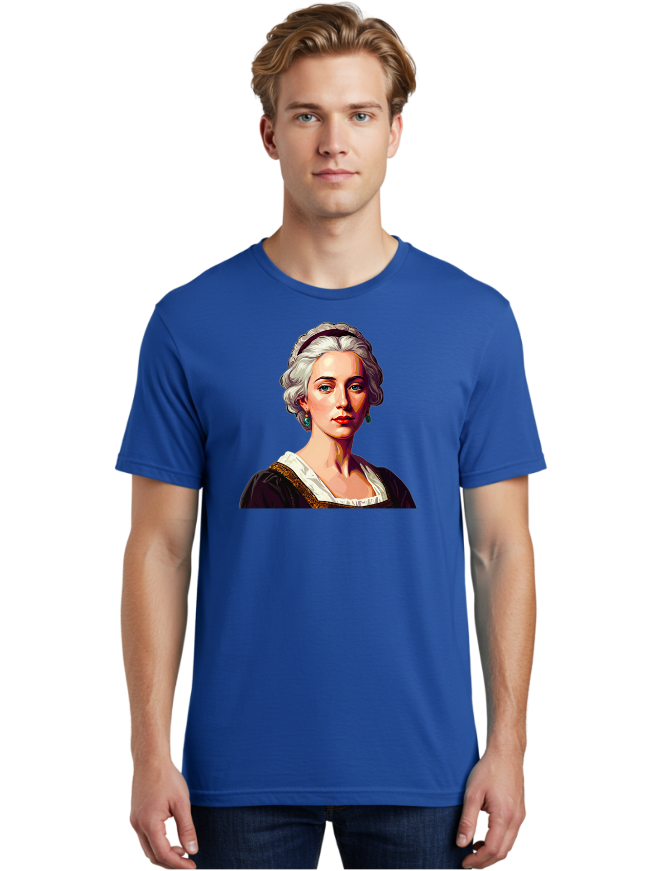 Elizabeth-Cady-Stanton Men'S Graphic Tee, 100% Cotton, Comfortable Casual Summer Wear, Machine Washable, Woman With White Hair, Blue Eyes, Red Lips, Elegant Earrings, Vintage Clothing, Gold Trim, Historical Figure, Feminine Style, Bad077