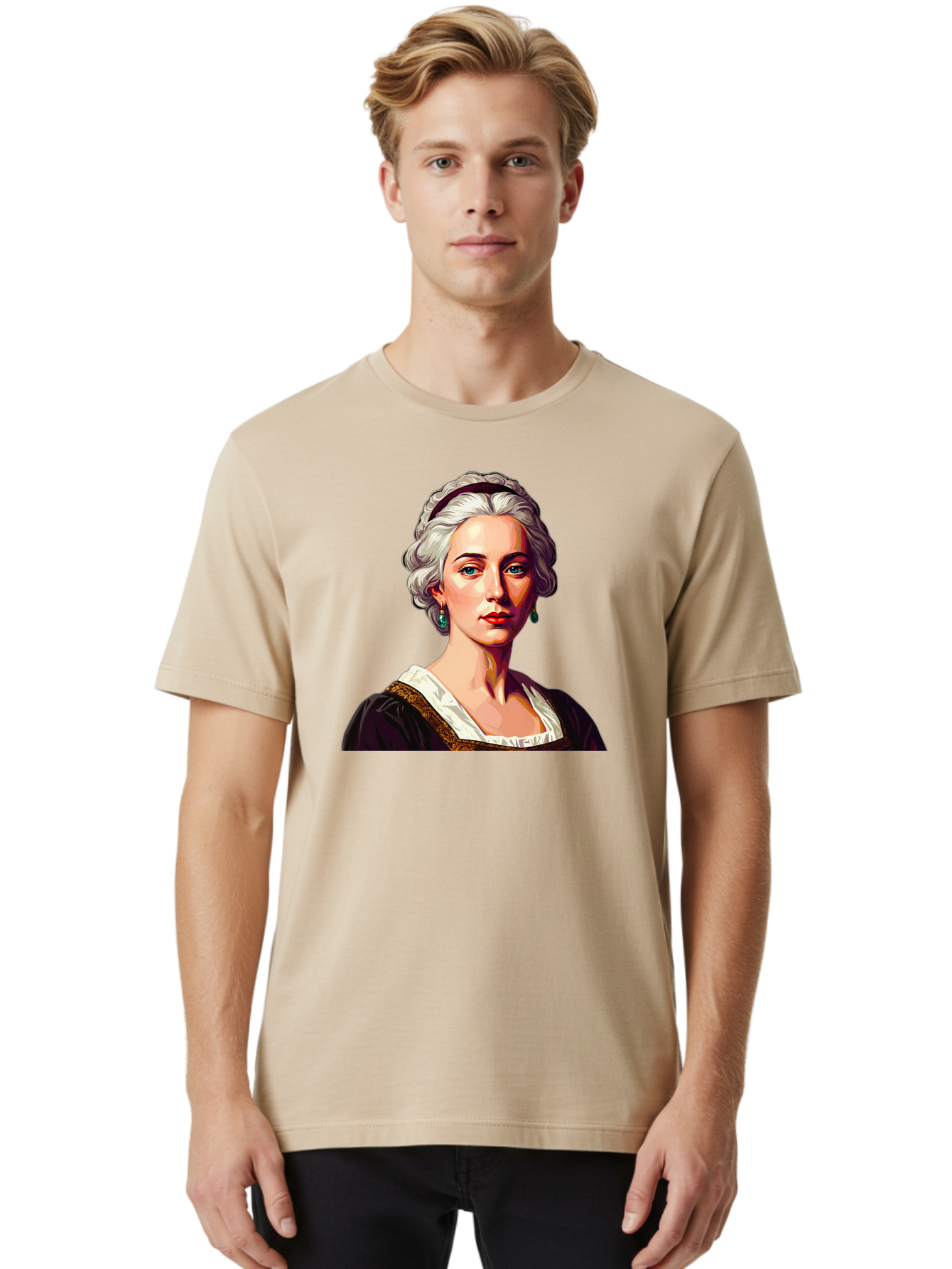 Elizabeth-Cady-Stanton Men'S Graphic Tee, 100% Cotton, Comfortable Casual Summer Wear, Machine Washable, Woman With White Hair, Blue Eyes, Red Lips, Elegant Earrings, Vintage Clothing, Gold Trim, Historical Figure, Feminine Style, Bad077