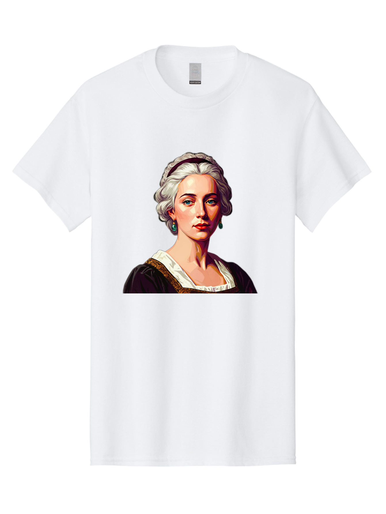 Elizabeth-Cady-Stanton Men'S Graphic Tee, 100% Cotton, Comfortable Casual Summer Wear, Machine Washable, Woman With White Hair, Blue Eyes, Red Lips, Elegant Earrings, Vintage Clothing, Gold Trim, Historical Figure, Feminine Style, Bad077
