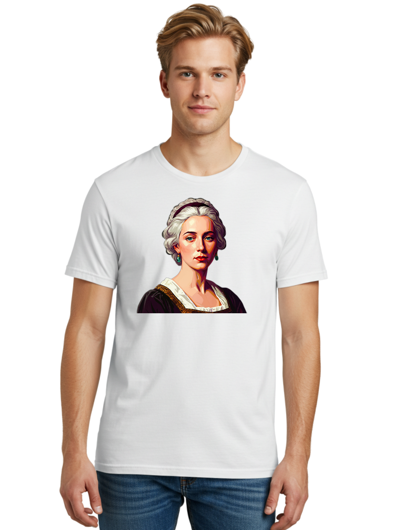 Elizabeth-Cady-Stanton Men'S Graphic Tee, 100% Cotton, Comfortable Casual Summer Wear, Machine Washable, Woman With White Hair, Blue Eyes, Red Lips, Elegant Earrings, Vintage Clothing, Gold Trim, Historical Figure, Feminine Style, Bad077