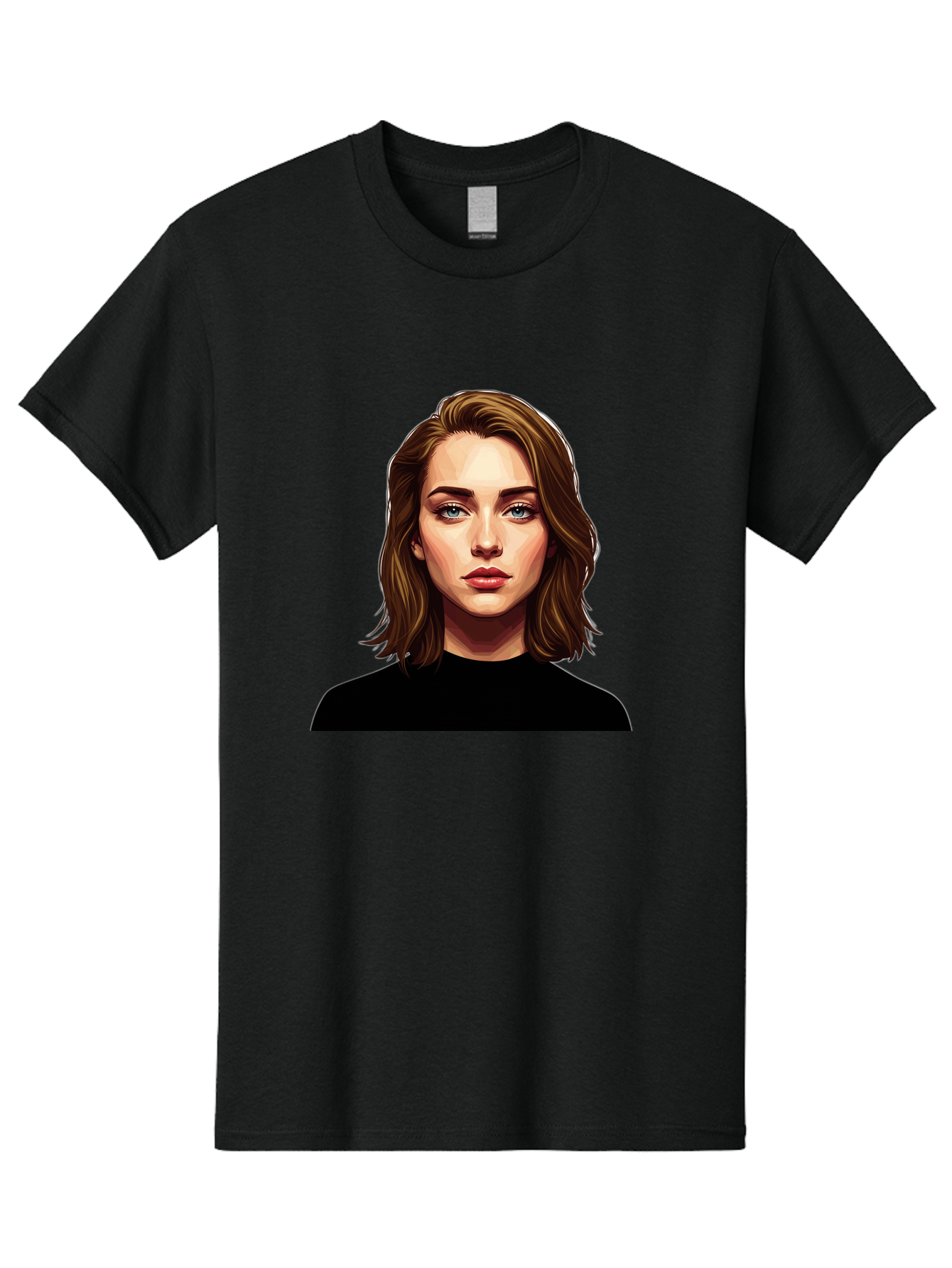 Emma-Stone Men'S Graphic Tee, 100% Cotton, Comfortable Casual Summer Wear, Machine Washable, Cartoon-Style Portrait, Emma Stone, Blue Eyes, Brown Hair, Black Shirt, Realistic Illustration, Digital Art, Female Celebrity Bad078