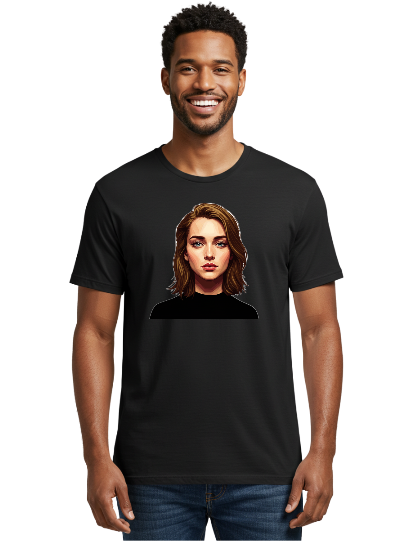 Emma-Stone Men'S Graphic Tee, 100% Cotton, Comfortable Casual Summer Wear, Machine Washable, Cartoon-Style Portrait, Emma Stone, Blue Eyes, Brown Hair, Black Shirt, Realistic Illustration, Digital Art, Female Celebrity Bad078
