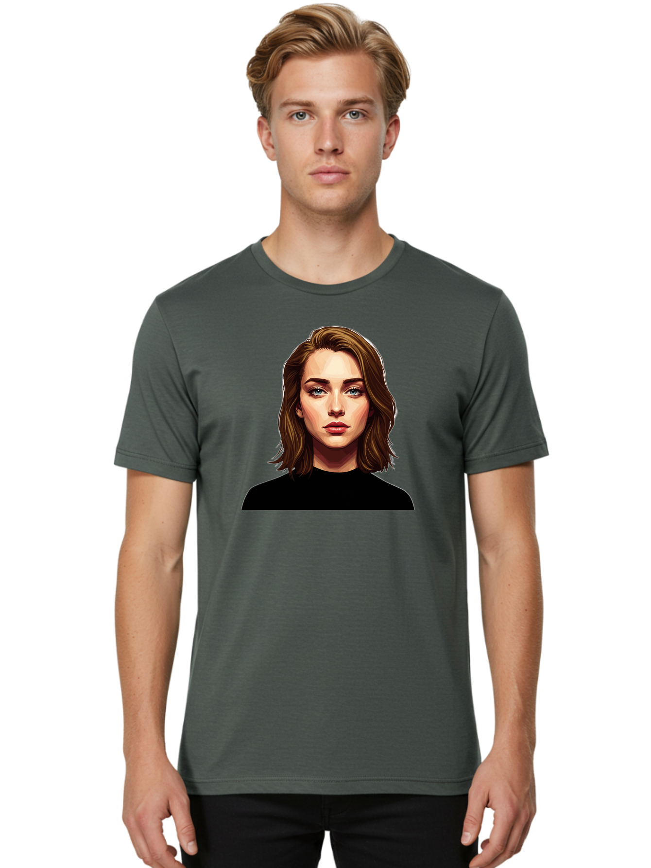 Emma-Stone Men'S Graphic Tee, 100% Cotton, Comfortable Casual Summer Wear, Machine Washable, Cartoon-Style Portrait, Emma Stone, Blue Eyes, Brown Hair, Black Shirt, Realistic Illustration, Digital Art, Female Celebrity Bad078