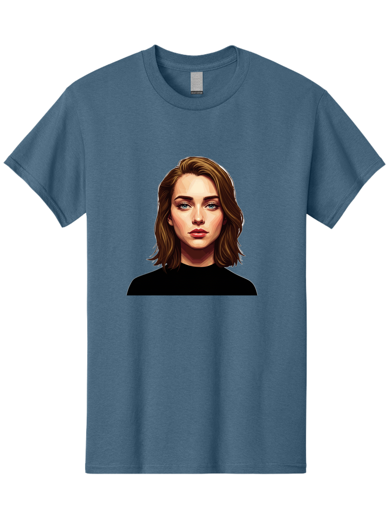 Emma-Stone Men'S Graphic Tee, 100% Cotton, Comfortable Casual Summer Wear, Machine Washable, Cartoon-Style Portrait, Emma Stone, Blue Eyes, Brown Hair, Black Shirt, Realistic Illustration, Digital Art, Female Celebrity Bad078
