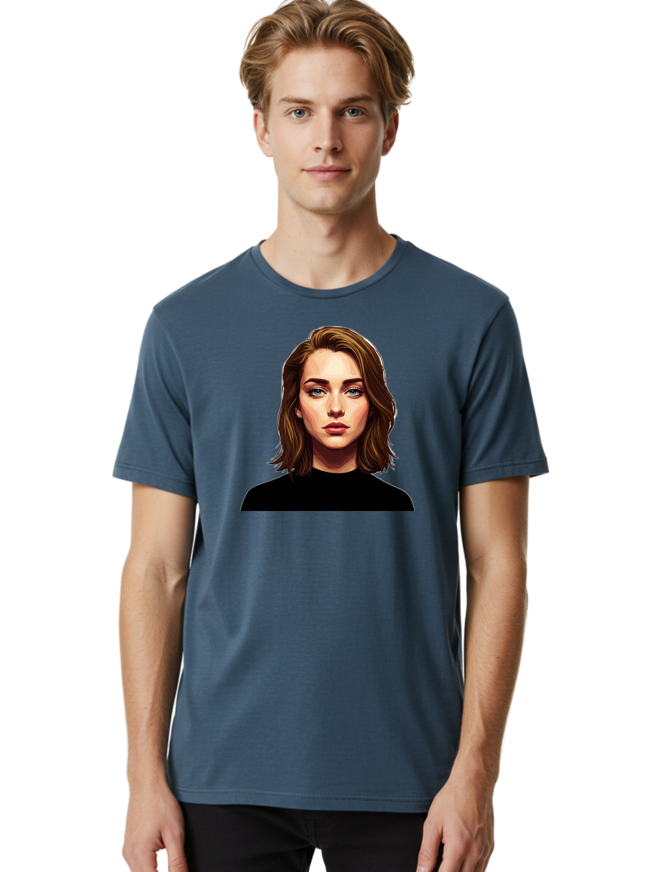 Emma-Stone Men'S Graphic Tee, 100% Cotton, Comfortable Casual Summer Wear, Machine Washable, Cartoon-Style Portrait, Emma Stone, Blue Eyes, Brown Hair, Black Shirt, Realistic Illustration, Digital Art, Female Celebrity Bad078