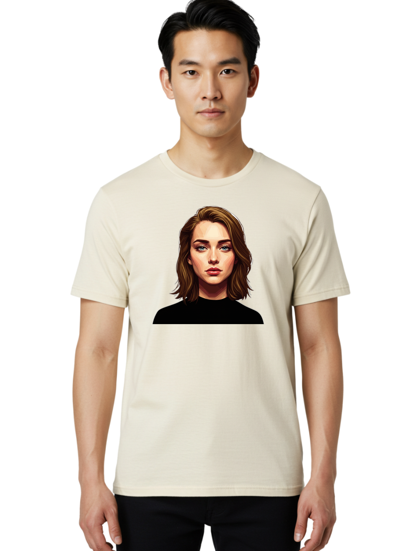Emma-Stone Men'S Graphic Tee, 100% Cotton, Comfortable Casual Summer Wear, Machine Washable, Cartoon-Style Portrait, Emma Stone, Blue Eyes, Brown Hair, Black Shirt, Realistic Illustration, Digital Art, Female Celebrity Bad078