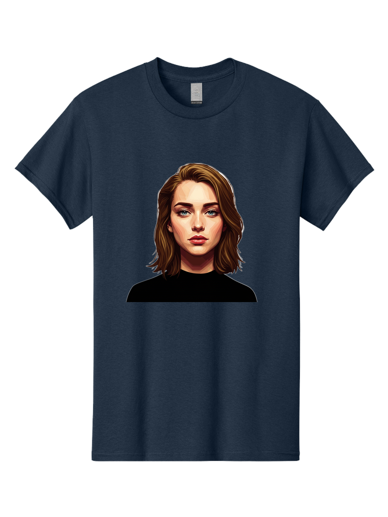 Emma-Stone Men'S Graphic Tee, 100% Cotton, Comfortable Casual Summer Wear, Machine Washable, Cartoon-Style Portrait, Emma Stone, Blue Eyes, Brown Hair, Black Shirt, Realistic Illustration, Digital Art, Female Celebrity Bad078