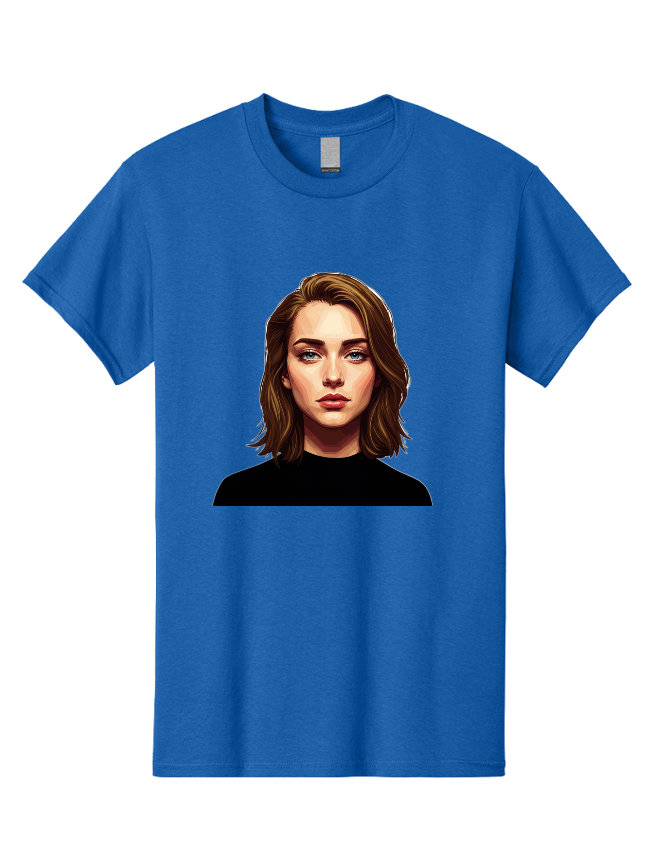 Emma-Stone Men'S Graphic Tee, 100% Cotton, Comfortable Casual Summer Wear, Machine Washable, Cartoon-Style Portrait, Emma Stone, Blue Eyes, Brown Hair, Black Shirt, Realistic Illustration, Digital Art, Female Celebrity Bad078