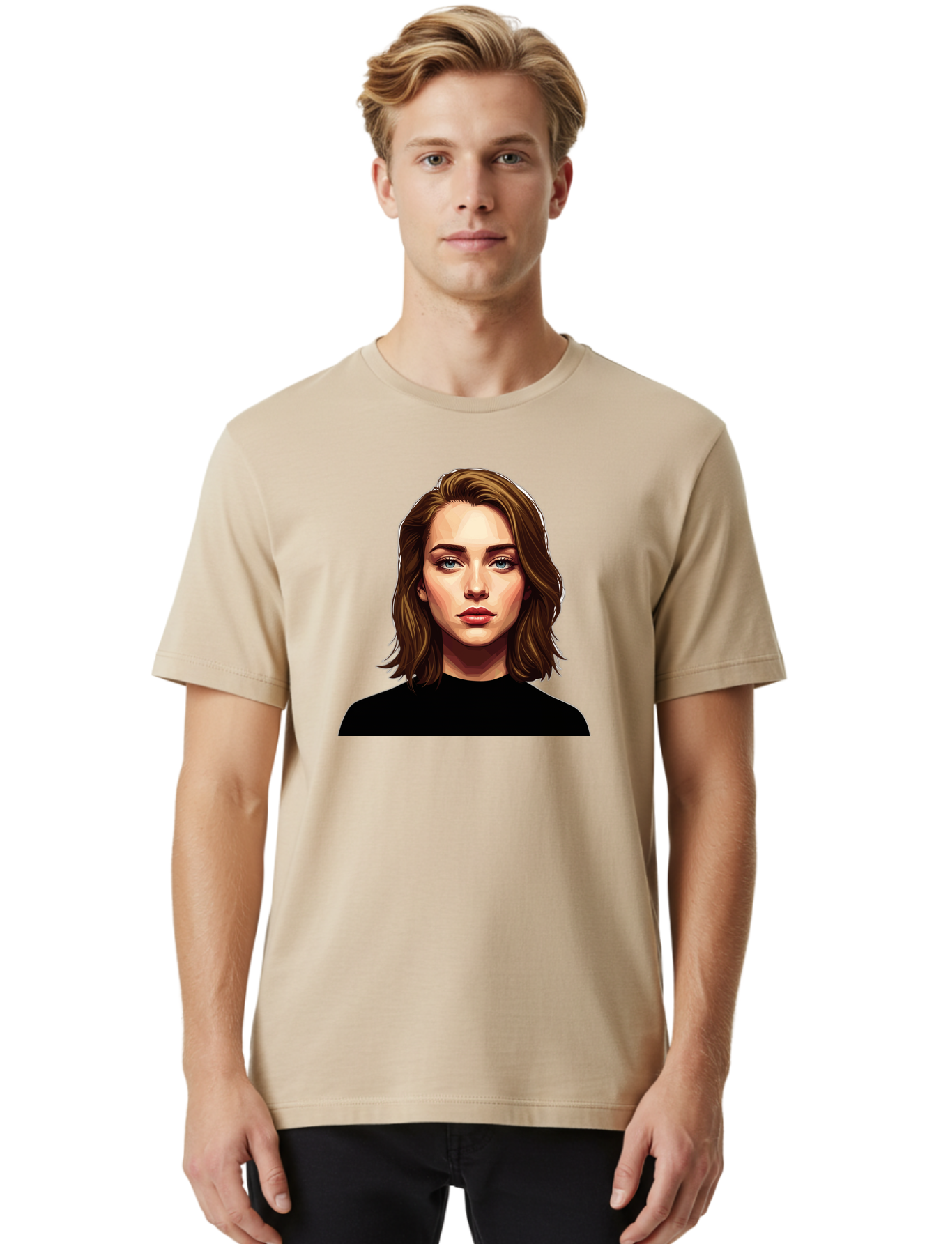 Emma-Stone Men'S Graphic Tee, 100% Cotton, Comfortable Casual Summer Wear, Machine Washable, Cartoon-Style Portrait, Emma Stone, Blue Eyes, Brown Hair, Black Shirt, Realistic Illustration, Digital Art, Female Celebrity Bad078