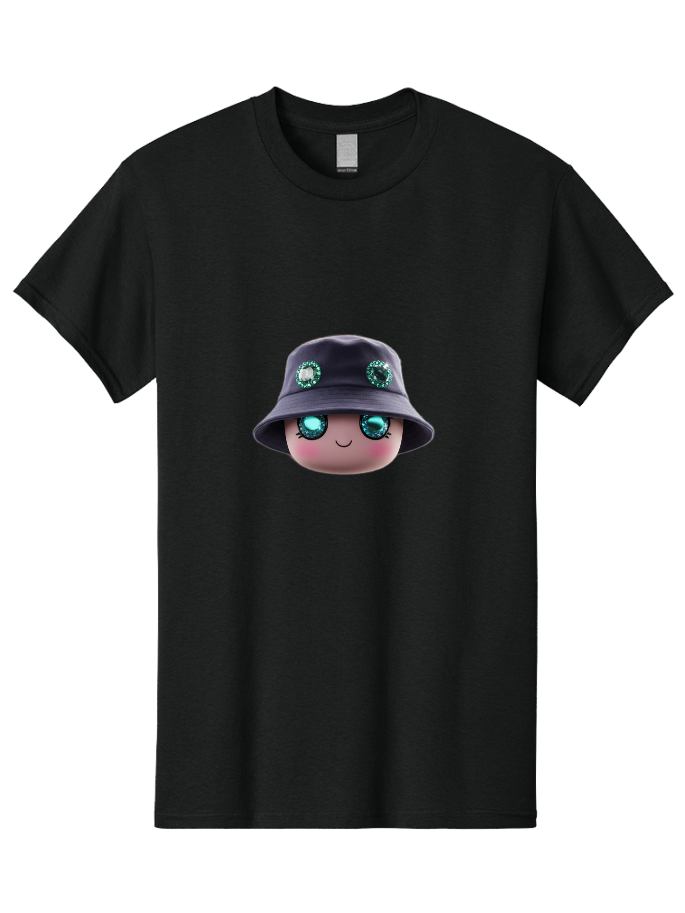 Emoji-Hat Men'S Graphic Tee, 100% Cotton, Comfortable Casual Summer Wear, Machine Washable, Cartoon Doll, Blue Eyes, Gem Eyes, Bucket Hat, Rhinestone Decorations, Cute Face, Sweet Smile, Rosy Cheeks, Whimsical Character, 3D Illustration Bad079