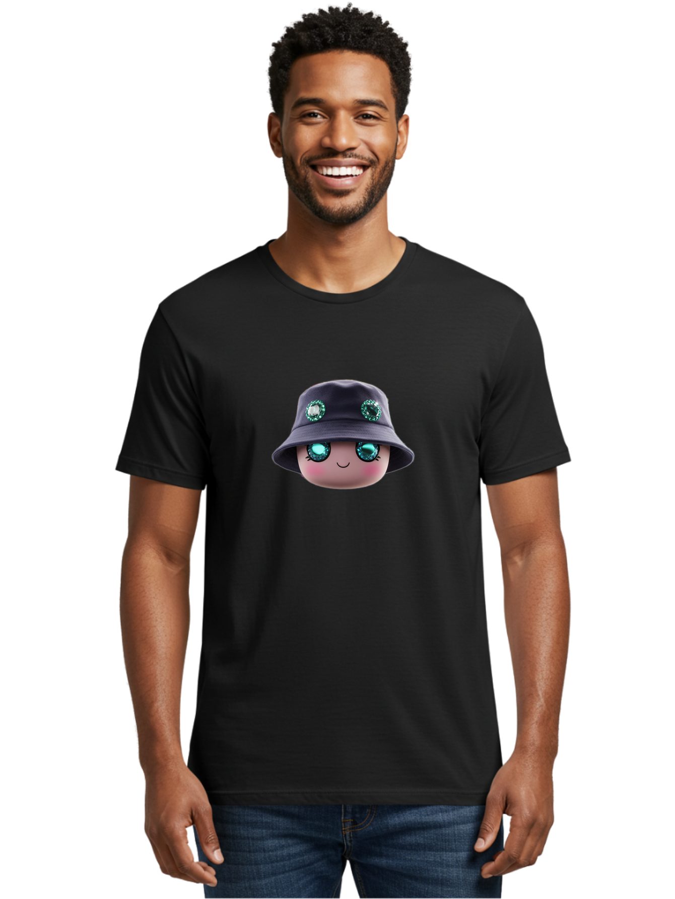 Emoji-Hat Men'S Graphic Tee, 100% Cotton, Comfortable Casual Summer Wear, Machine Washable, Cartoon Doll, Blue Eyes, Gem Eyes, Bucket Hat, Rhinestone Decorations, Cute Face, Sweet Smile, Rosy Cheeks, Whimsical Character, 3D Illustration Bad079