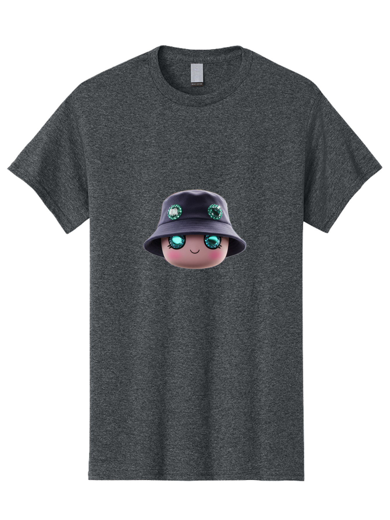 Emoji-Hat Men'S Graphic Tee, 100% Cotton, Comfortable Casual Summer Wear, Machine Washable, Cartoon Doll, Blue Eyes, Gem Eyes, Bucket Hat, Rhinestone Decorations, Cute Face, Sweet Smile, Rosy Cheeks, Whimsical Character, 3D Illustration Bad079
