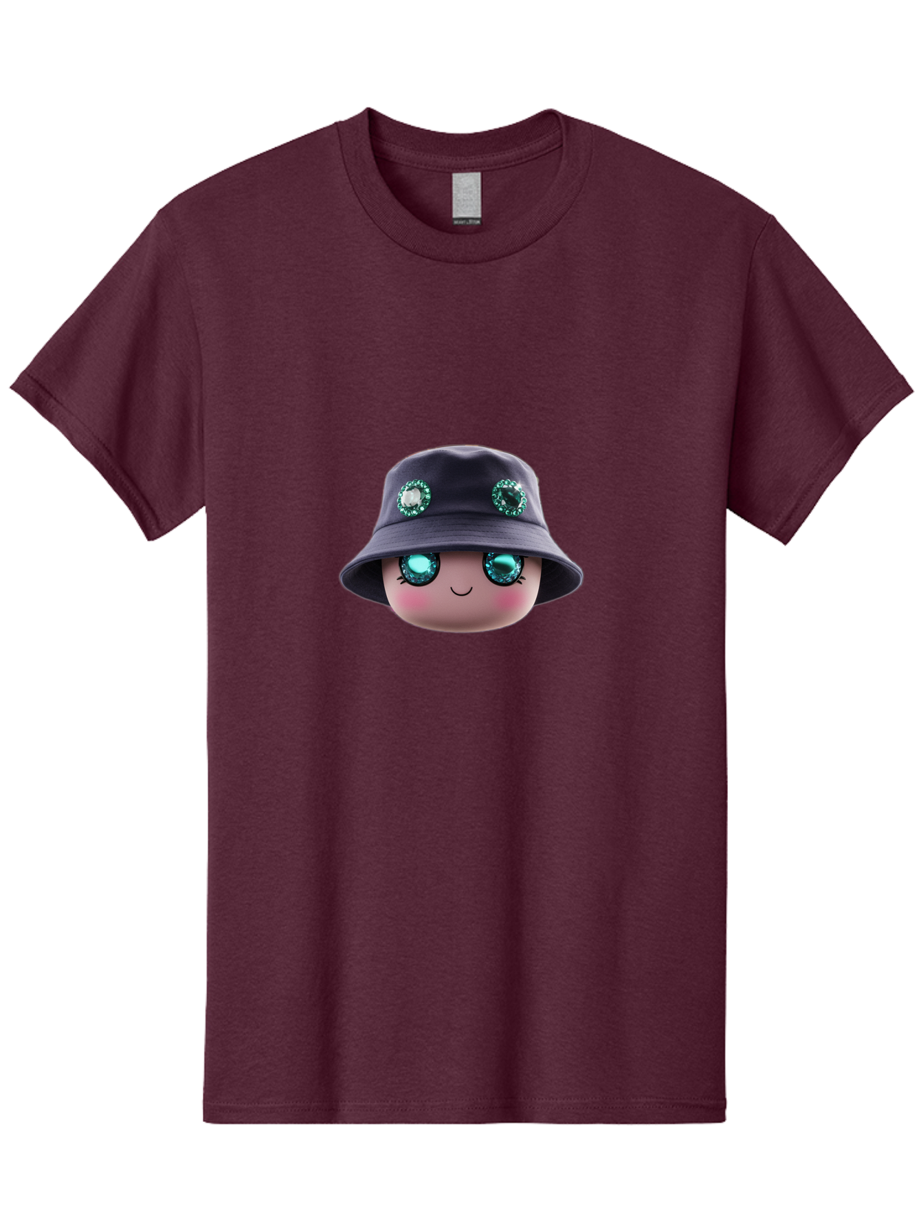 Emoji-Hat Men'S Graphic Tee, 100% Cotton, Comfortable Casual Summer Wear, Machine Washable, Cartoon Doll, Blue Eyes, Gem Eyes, Bucket Hat, Rhinestone Decorations, Cute Face, Sweet Smile, Rosy Cheeks, Whimsical Character, 3D Illustration Bad079