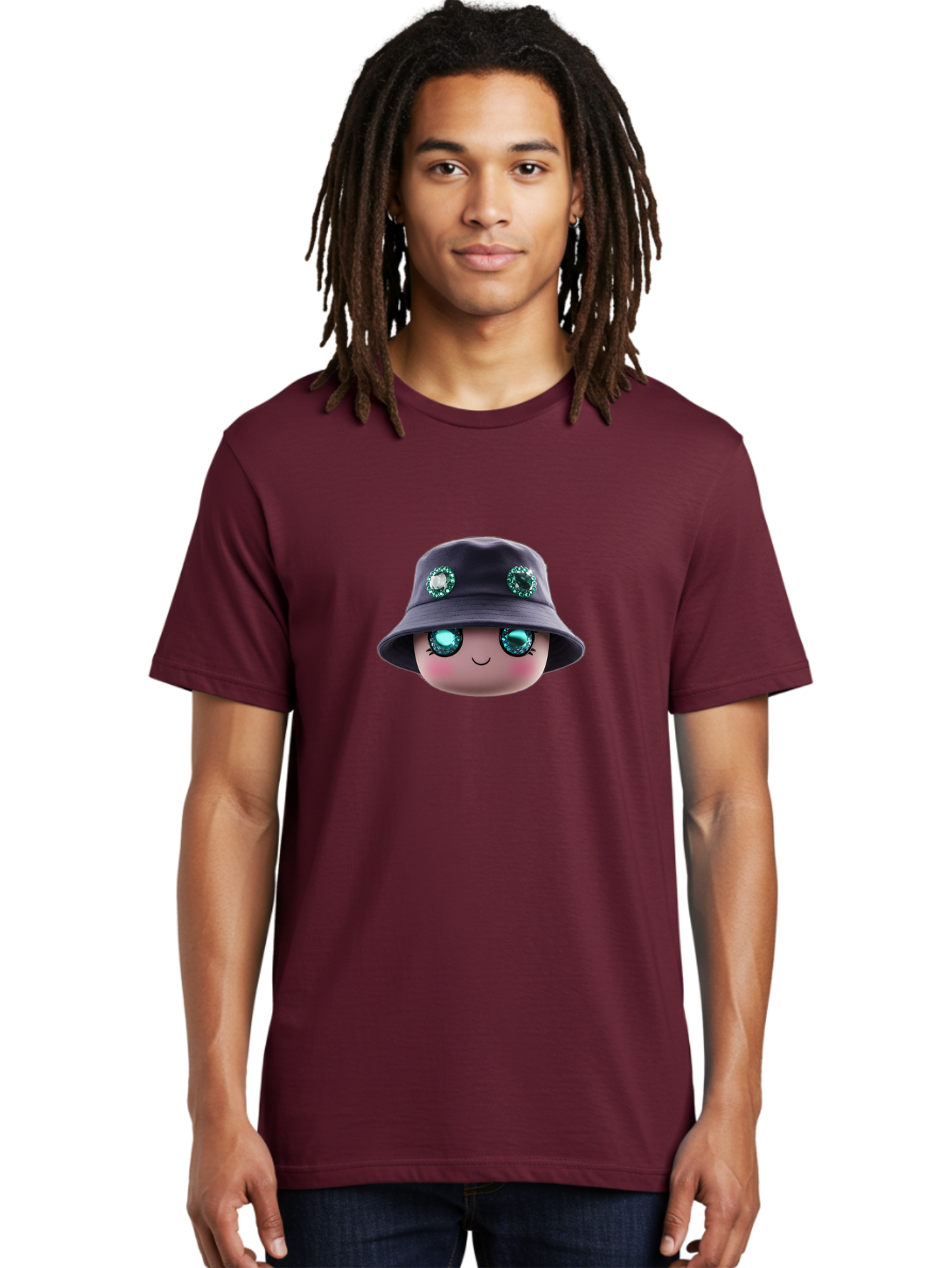 Emoji-Hat Men'S Graphic Tee, 100% Cotton, Comfortable Casual Summer Wear, Machine Washable, Cartoon Doll, Blue Eyes, Gem Eyes, Bucket Hat, Rhinestone Decorations, Cute Face, Sweet Smile, Rosy Cheeks, Whimsical Character, 3D Illustration Bad079