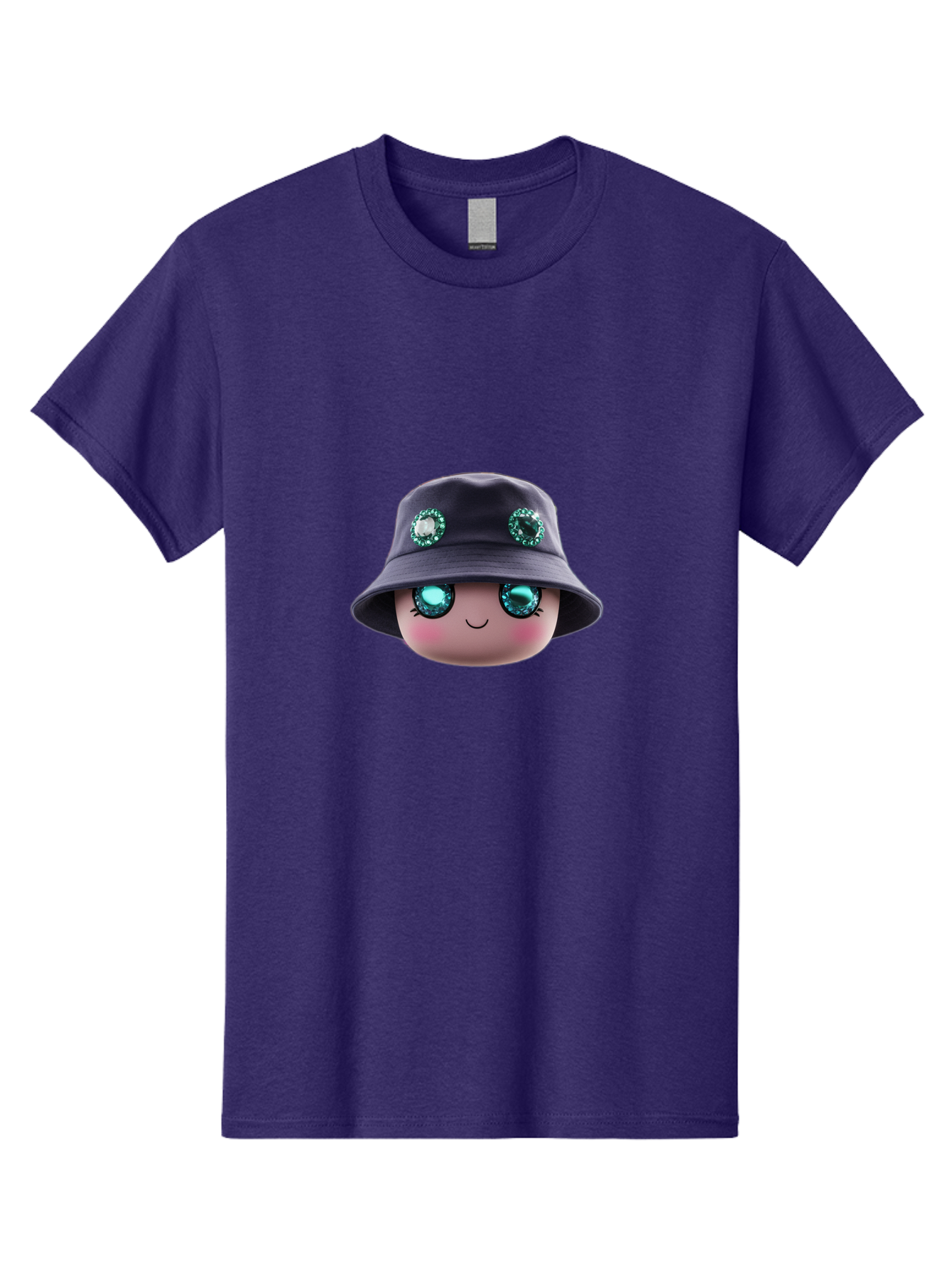 Emoji-Hat Men'S Graphic Tee, 100% Cotton, Comfortable Casual Summer Wear, Machine Washable, Cartoon Doll, Blue Eyes, Gem Eyes, Bucket Hat, Rhinestone Decorations, Cute Face, Sweet Smile, Rosy Cheeks, Whimsical Character, 3D Illustration Bad079